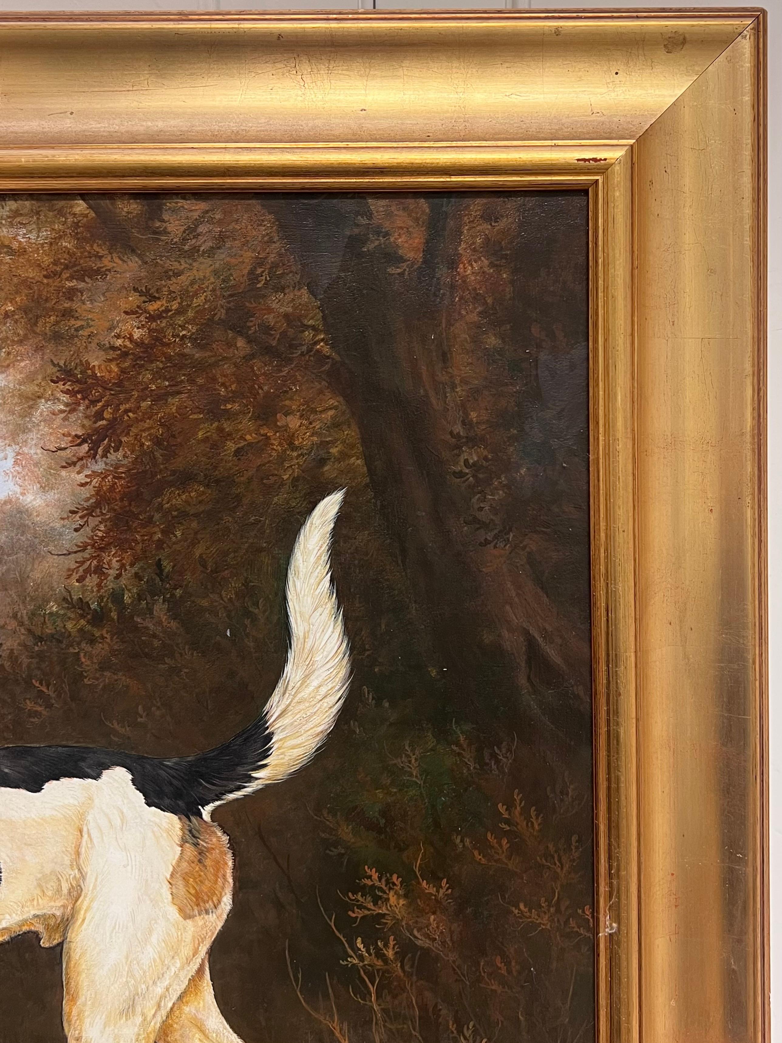 Pintura al óleo de arte deportivo inglés Fino Lebrel de caza en un paisaje de casa de campo en venta 11