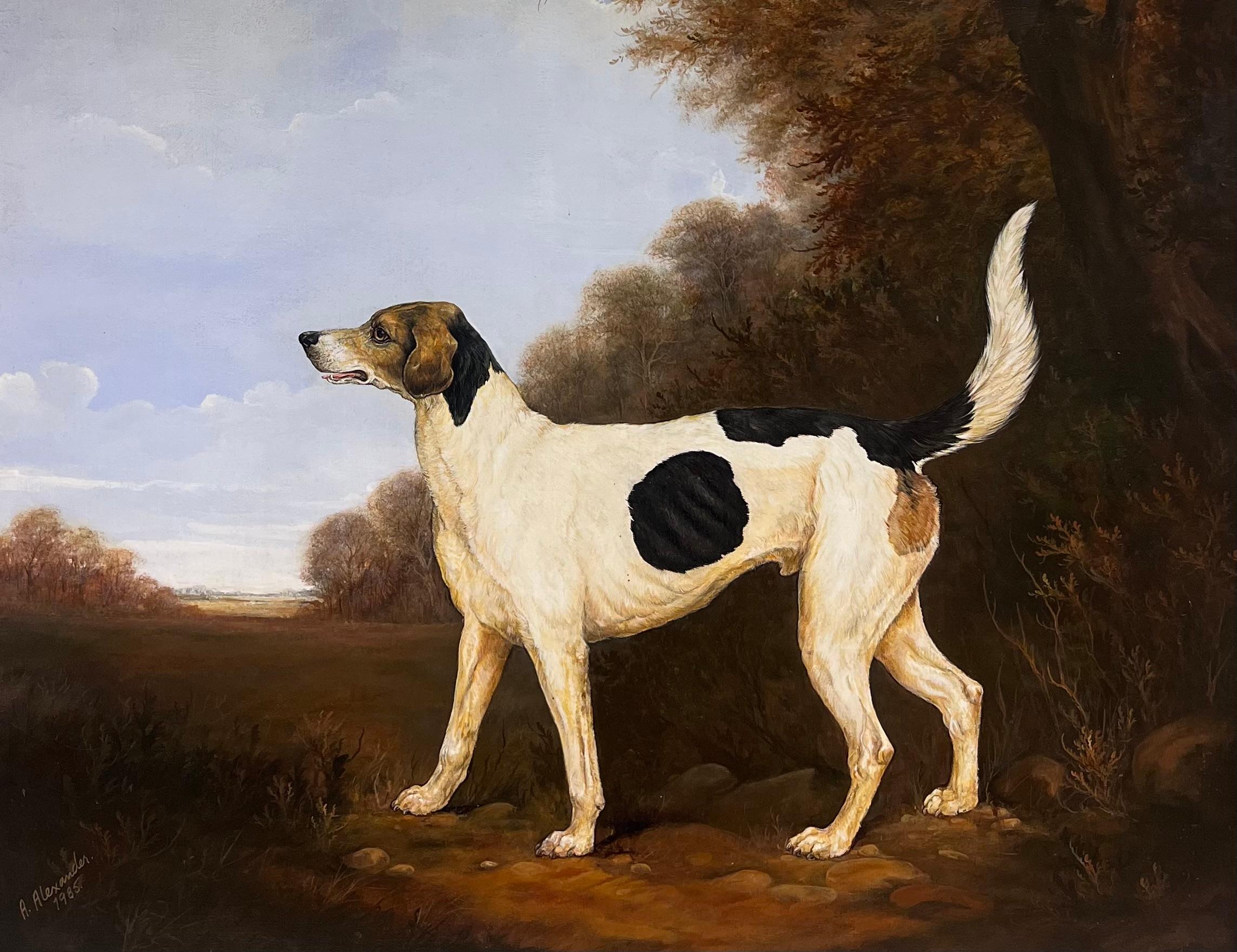 Pintura al óleo de arte deportivo inglés Fino Lebrel de caza en un paisaje de casa de campo - Painting de Andrew Alexander