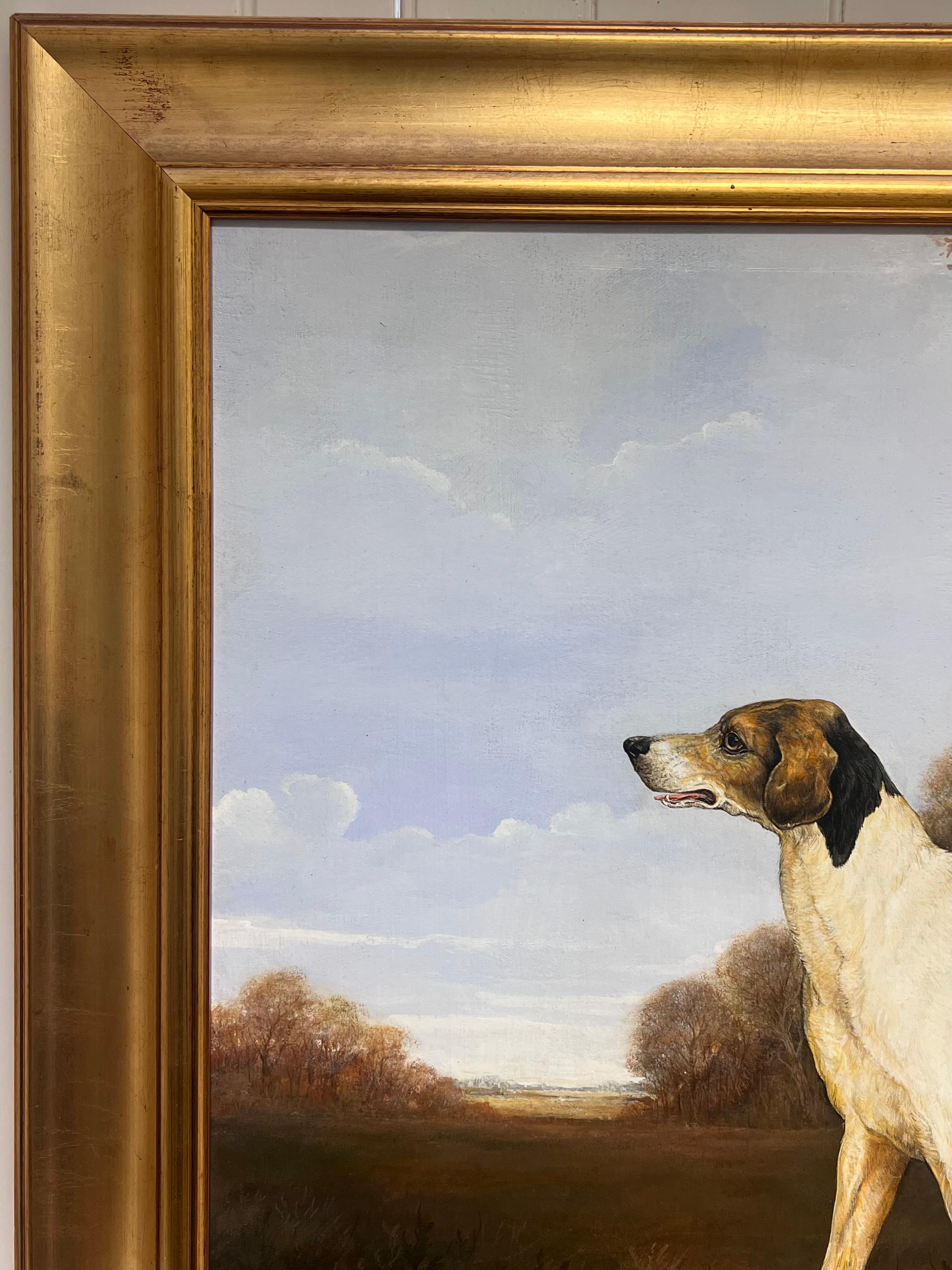 Pintura al óleo de arte deportivo inglés Fino Lebrel de caza en un paisaje de casa de campo - Painting Escuela inglesa de Andrew Alexander
