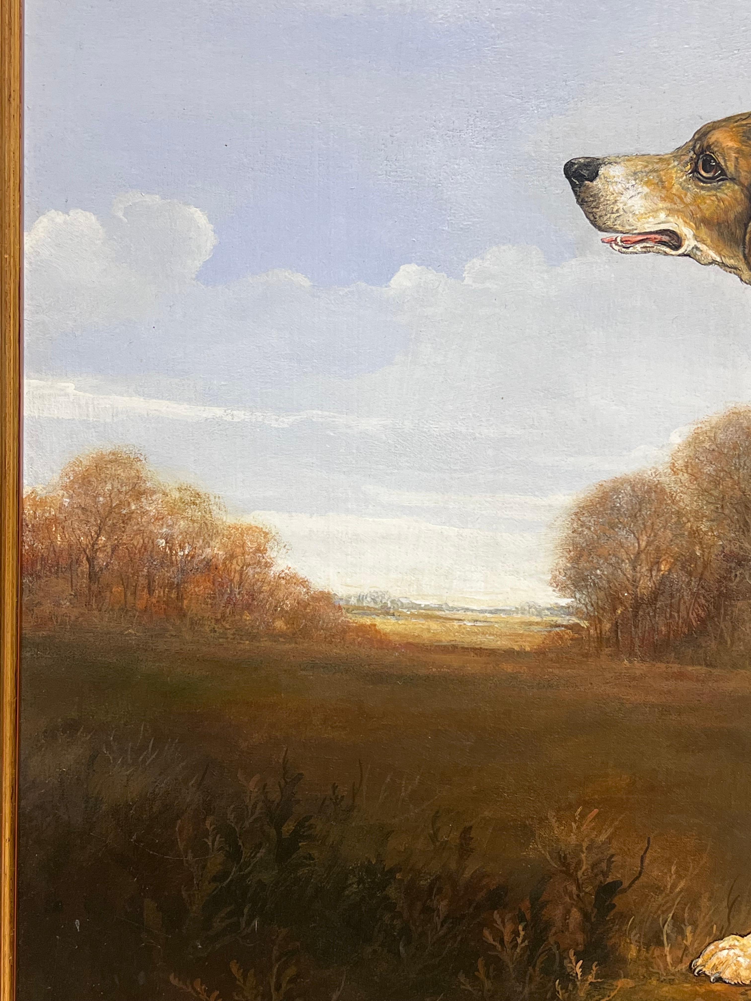 Pintura al óleo de arte deportivo inglés Fino Lebrel de caza en un paisaje de casa de campo en venta 1