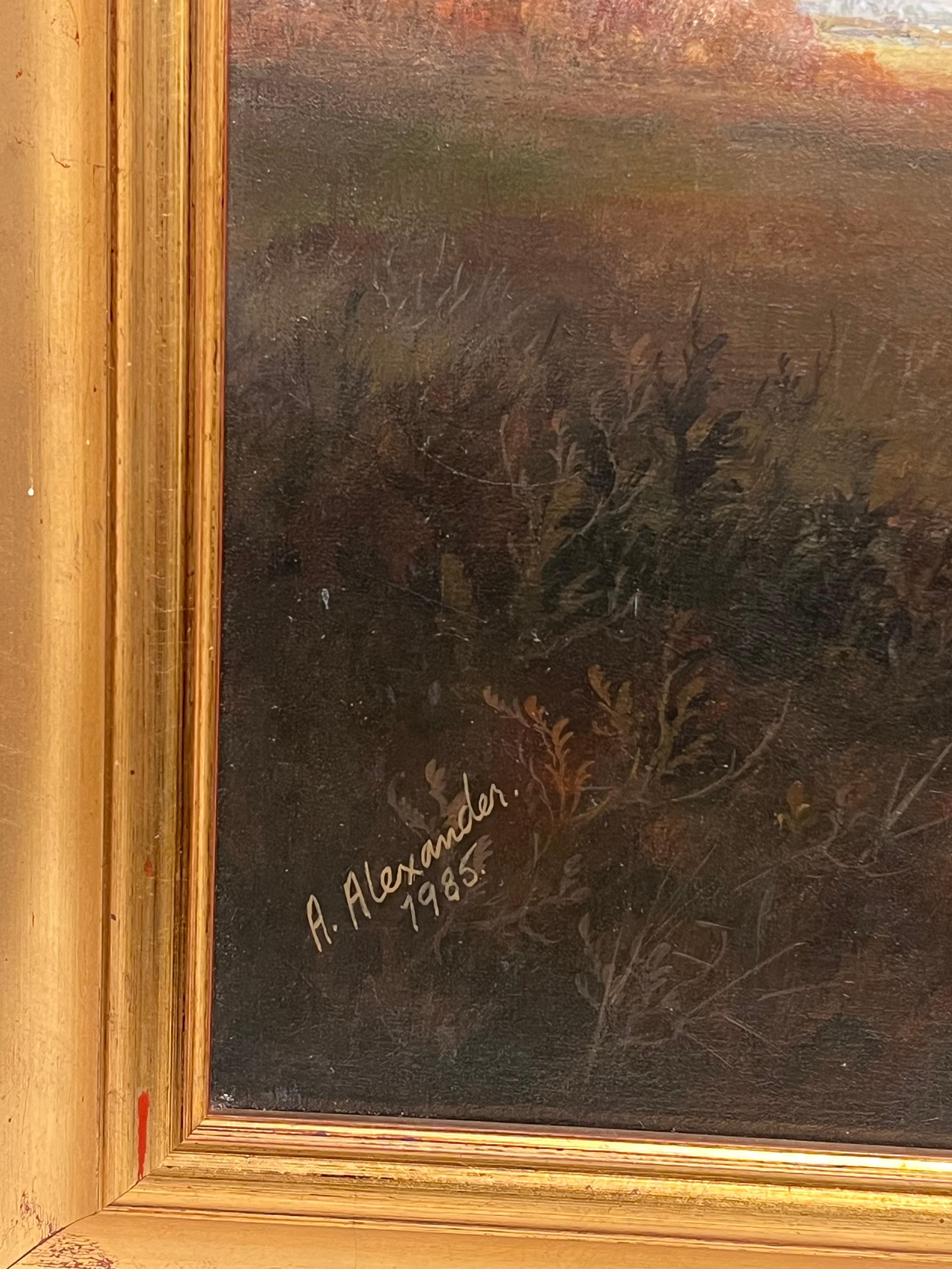 Pintura al óleo de arte deportivo inglés Fino Lebrel de caza en un paisaje de casa de campo en venta 2