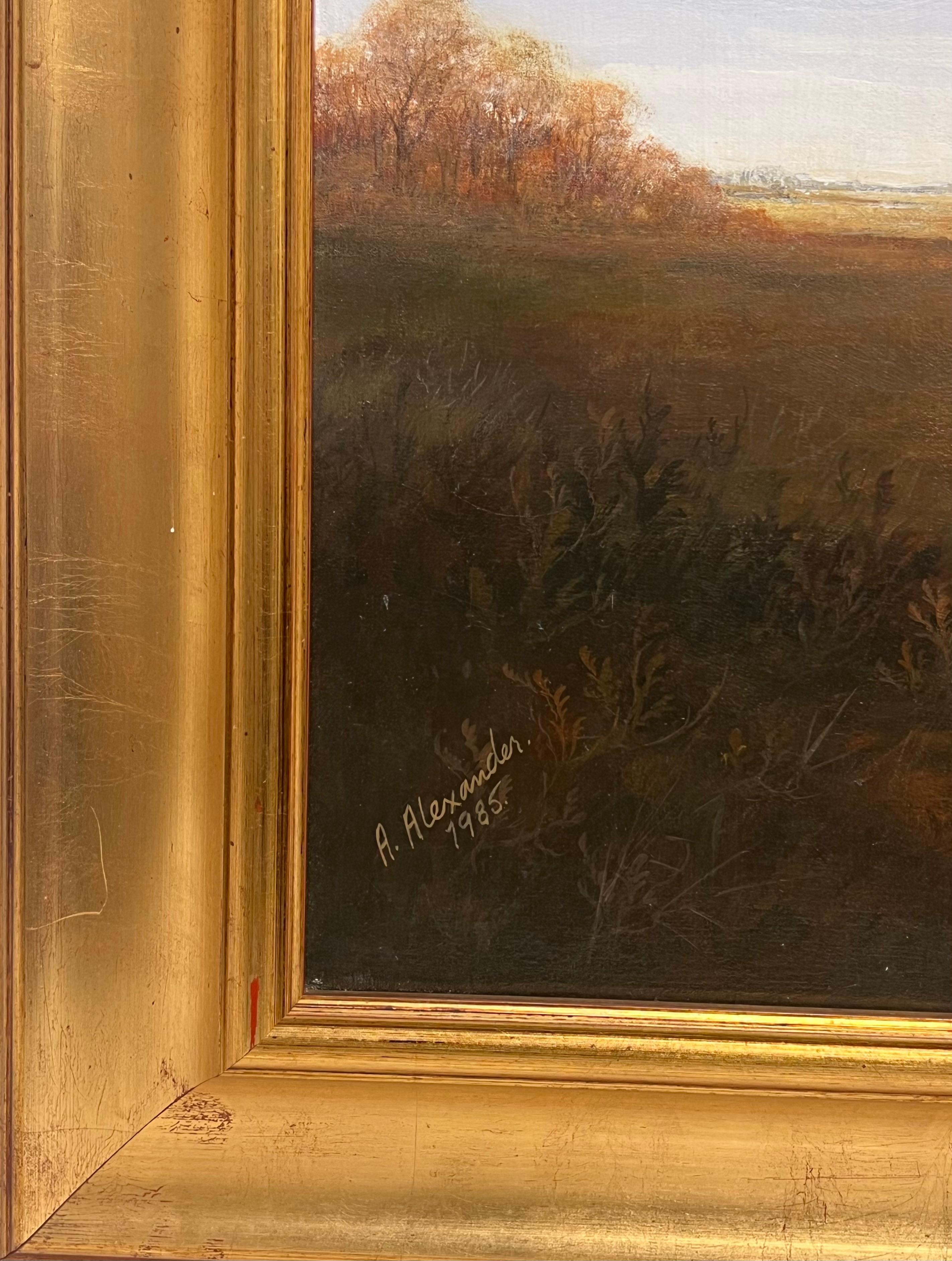 Pintura al óleo de arte deportivo inglés Fino Lebrel de caza en un paisaje de casa de campo en venta 3