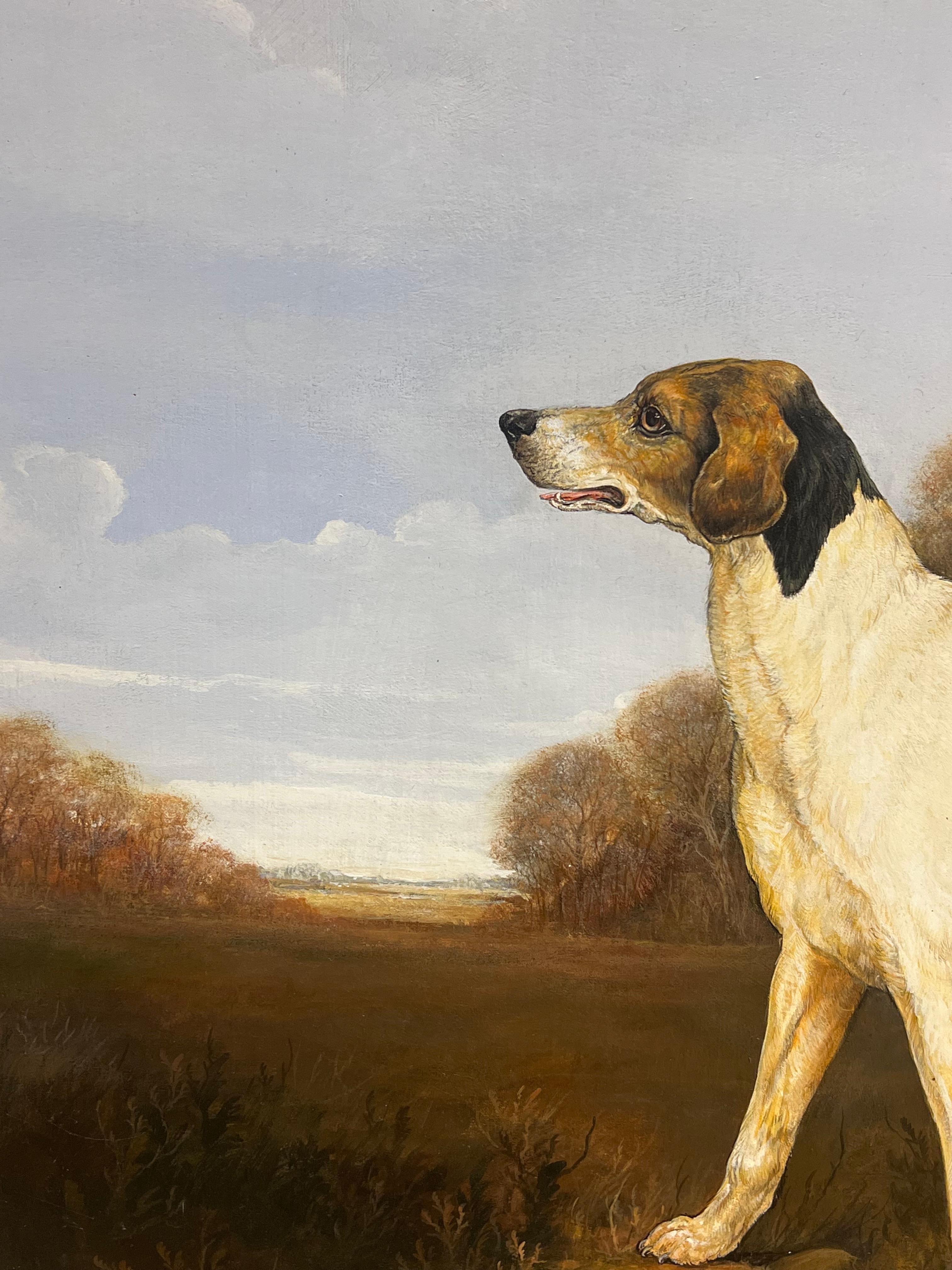 Pintura al óleo de arte deportivo inglés Fino Lebrel de caza en un paisaje de casa de campo en venta 4