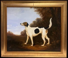 Pintura al óleo de arte deportivo inglés Fino Lebrel de caza en un paisaje de casa de campo