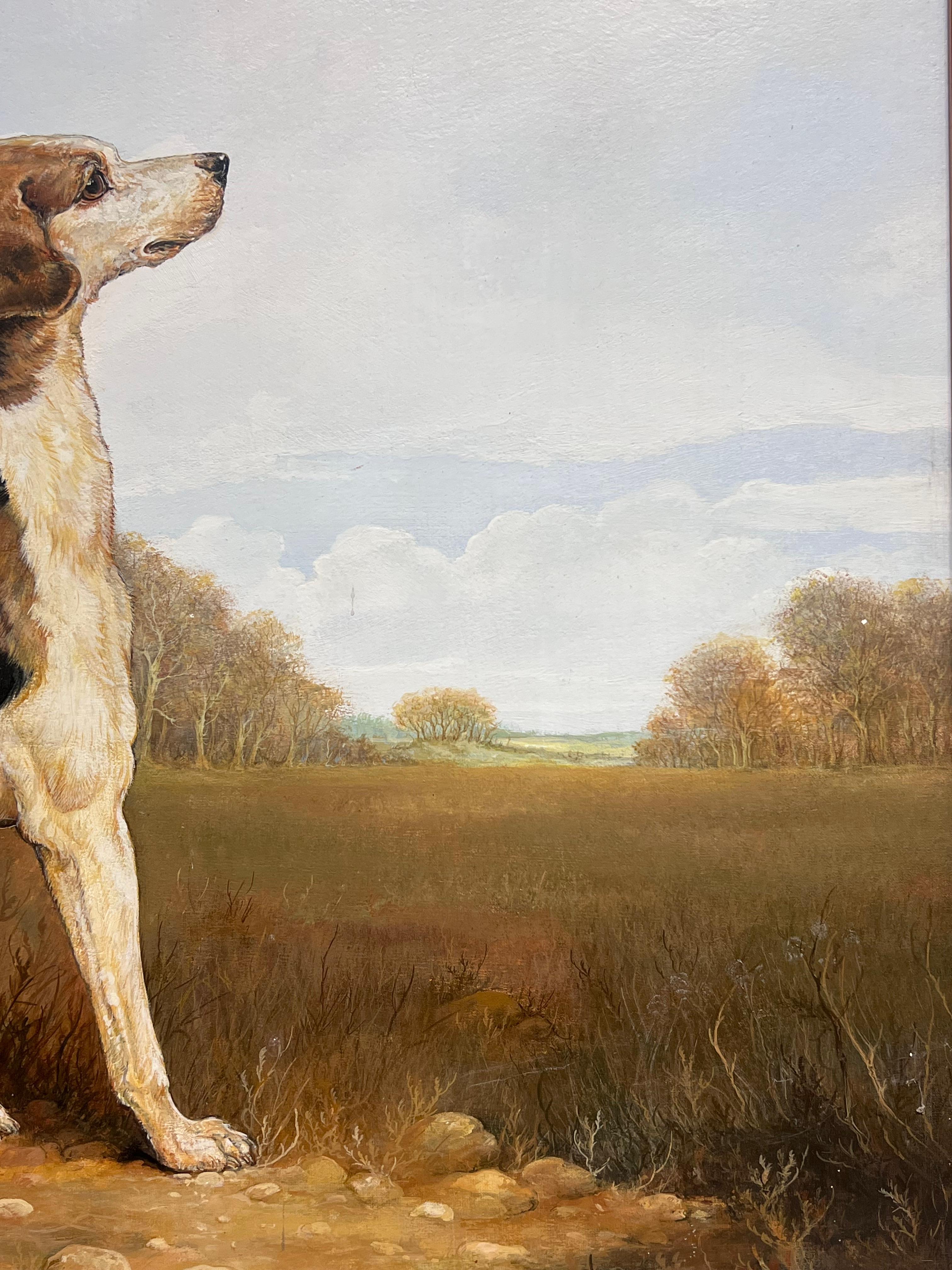 Retrato de un Foxhound 
Andrew Alexander ( Británico contemporáneo) 
firmado y fechado en 1985 
óleo sobre tabla, enmarcado 
enmarcado: 30 x 35 pulgadas
tablero: 24 x 29 pulgadas
Procedencia: colección privada, Inglaterra
Estado: muy buen