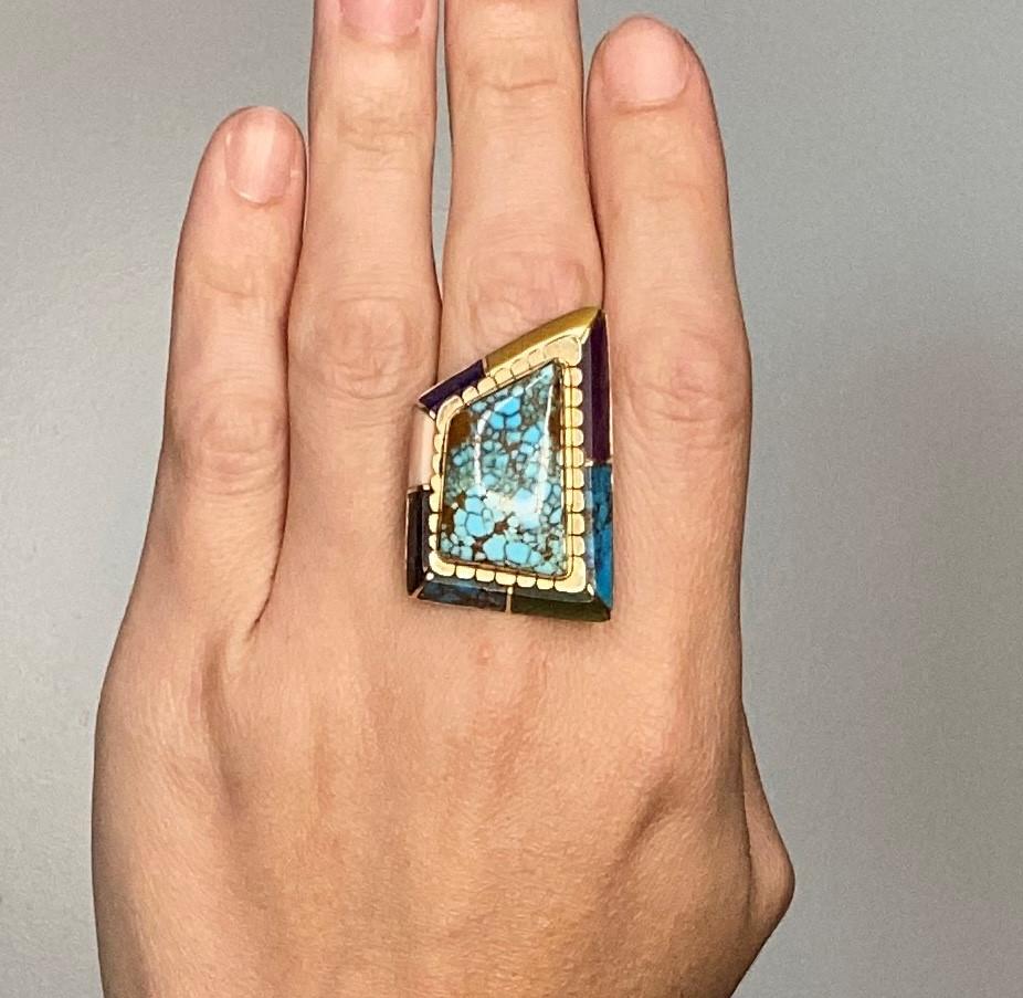 Andrew Alvarez Apache Native American Geometric Ring 14Kt Gold Inlaid Gemstones 5