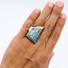 Andrew Alvarez Apache Native American Geometric Ring 14Kt Gold Inlaid Gemstones