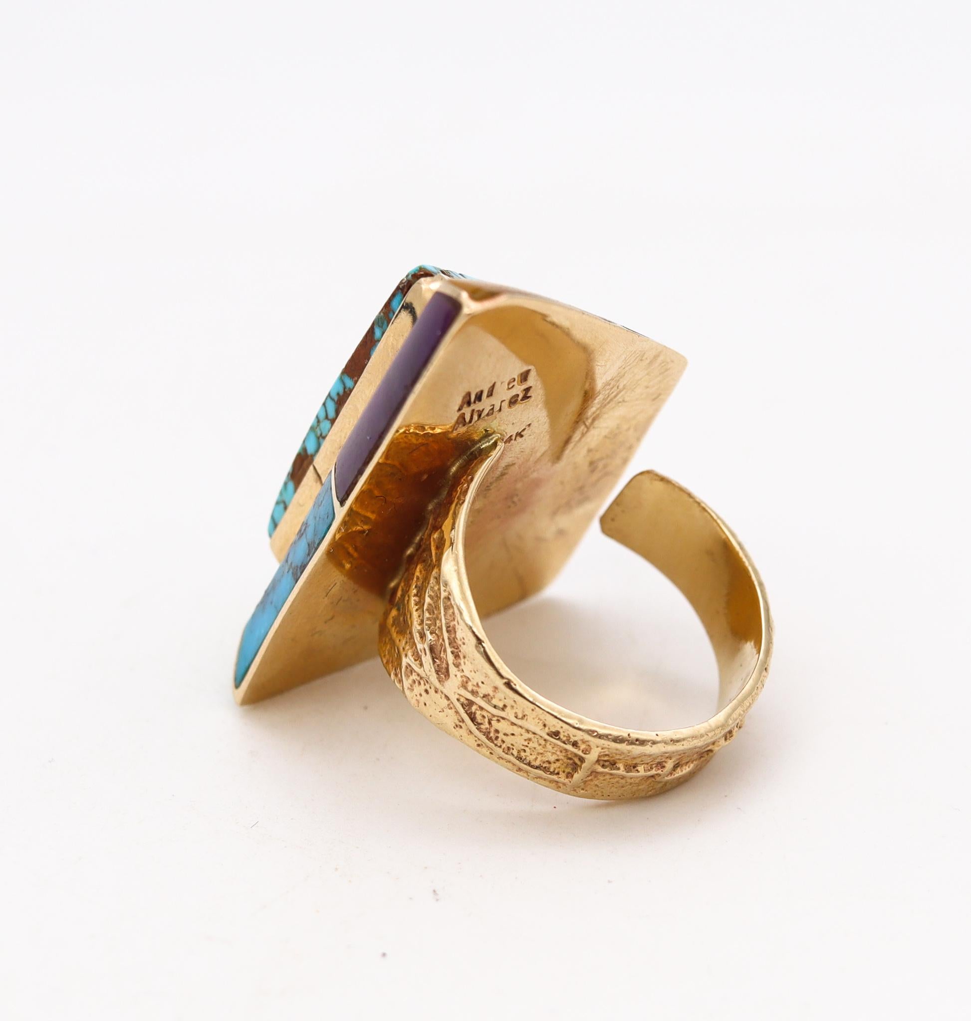 Mixed Cut Andrew Alvarez Apache Native American Geometric Ring 14Kt Gold Inlaid Gemstones