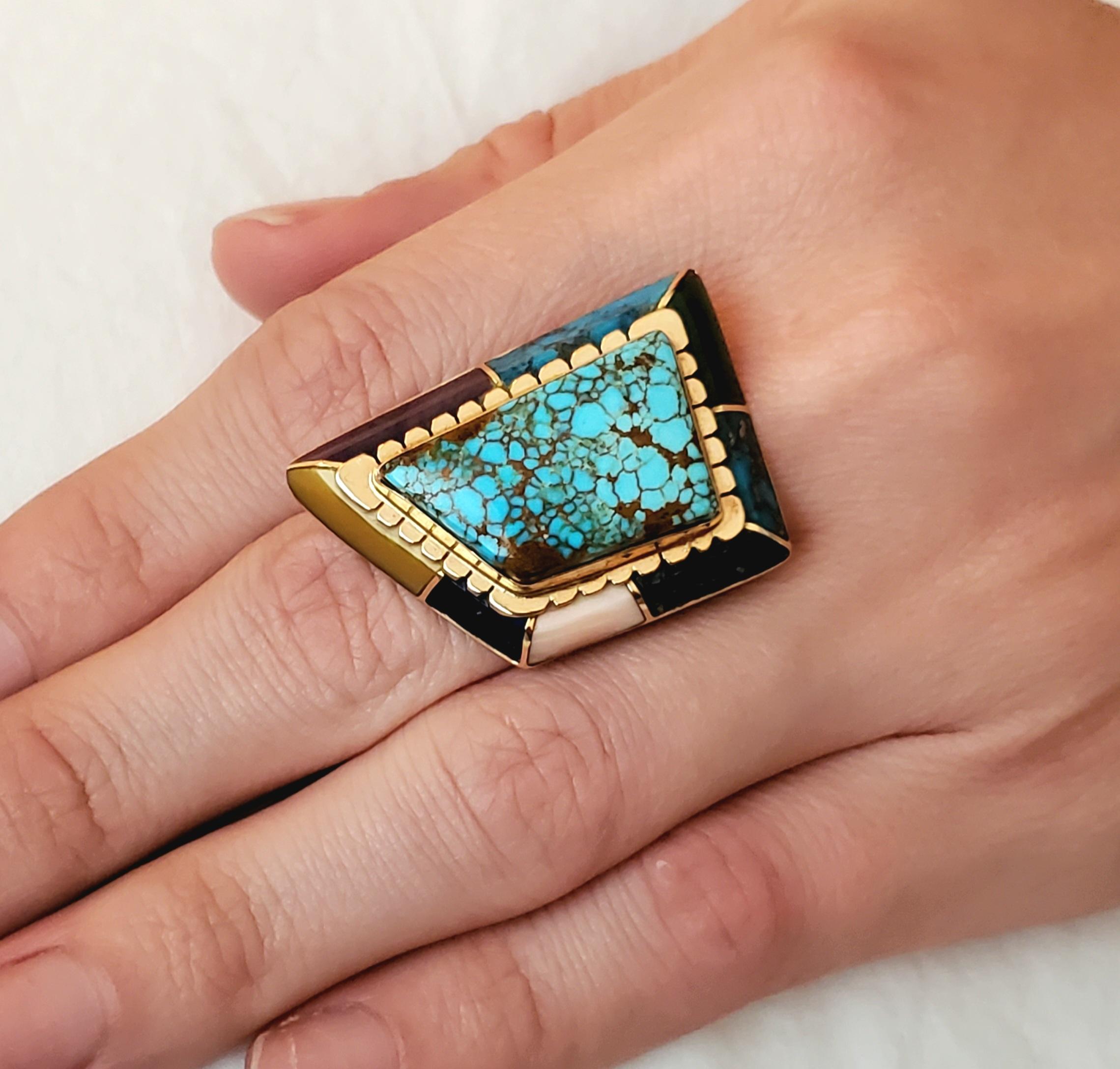 Andrew Alvarez Apache Native American Geometric Ring 14Kt Gold Inlaid Gemstones In Excellent Condition In Miami, FL