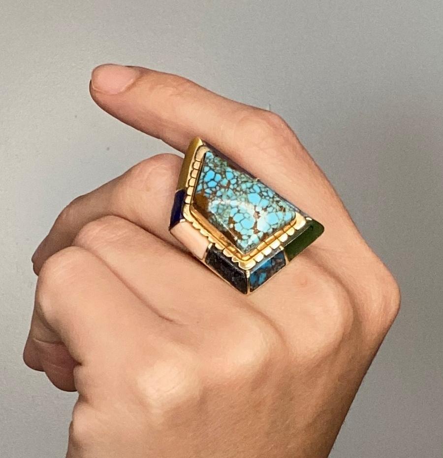 Andrew Alvarez Apache Native American Geometric Ring 14Kt Gold Inlaid Gemstones 4