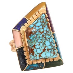 Vintage Andrew Alvarez Apache Native American Geometric Ring 14Kt Gold Inlaid Gemstones