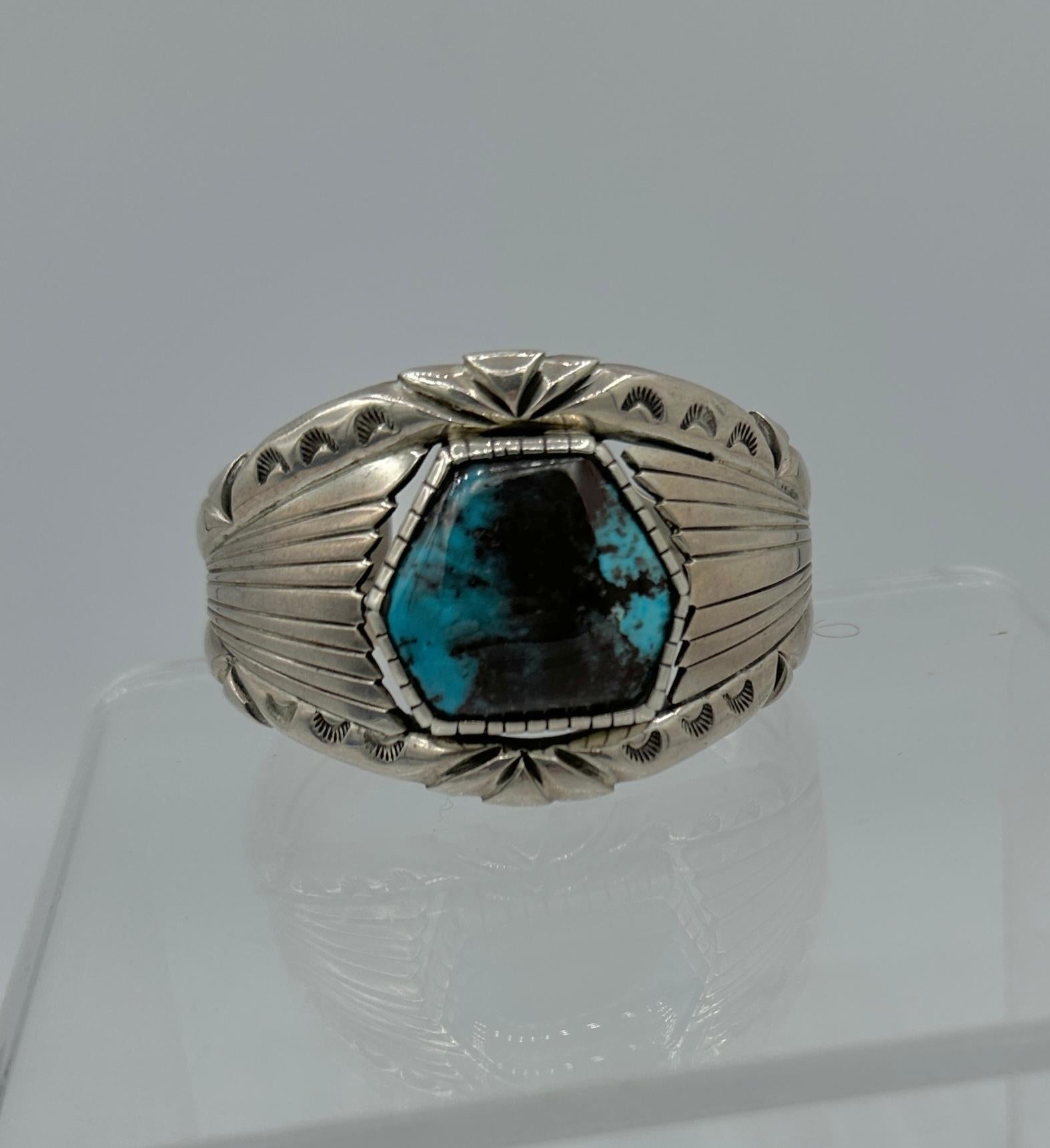 ANDREW ALVAREZ TURQUOISE CUFF BRACELET STERLING SILVER Native American In Excellent Condition For Sale In New York, NY