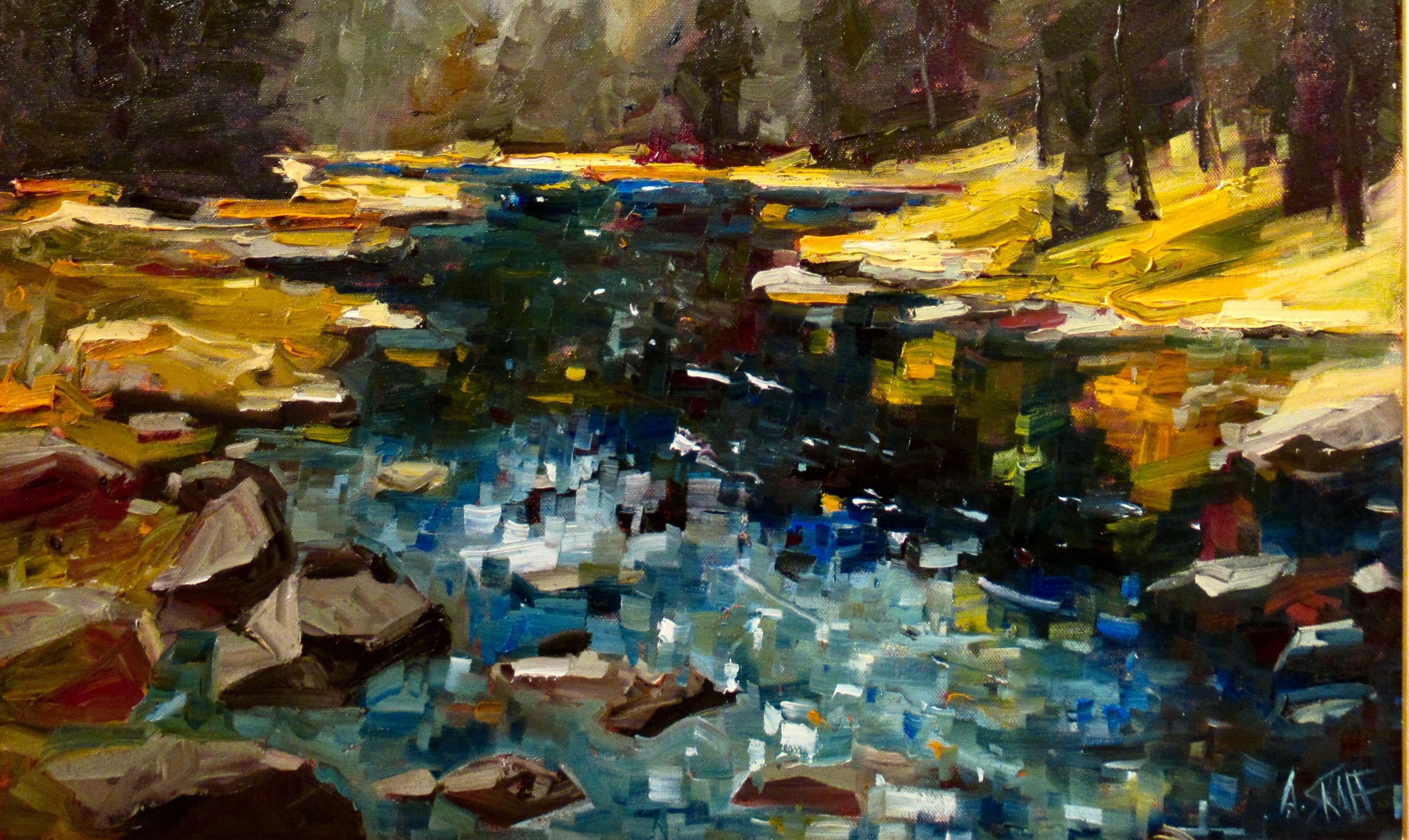 Colores del río V (Lago Tahoe) - Figurative Painting Negro de Andrew (Andy) Skaff