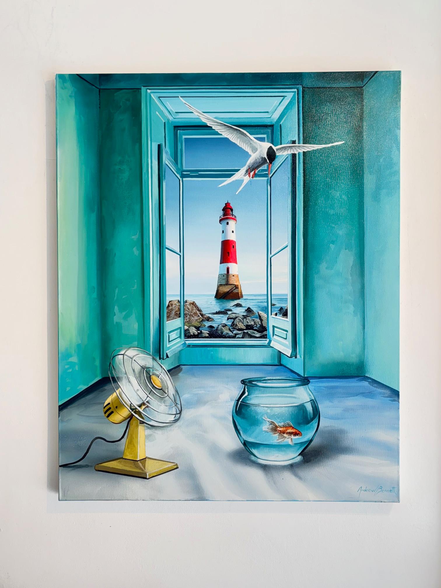Küstenpatrouille - original surrealistisch-realistisches Ölgemälde - zeitgenössische Kunst (Blau), Abstract Painting, von Andrew Bennett