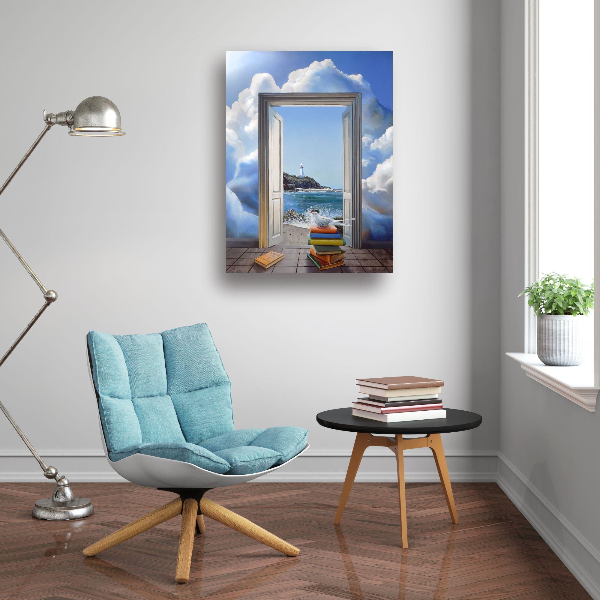 Memory of a Day, The Lighthouse- original surrealist painting - contemporary art - Painting by Andrew Bennett