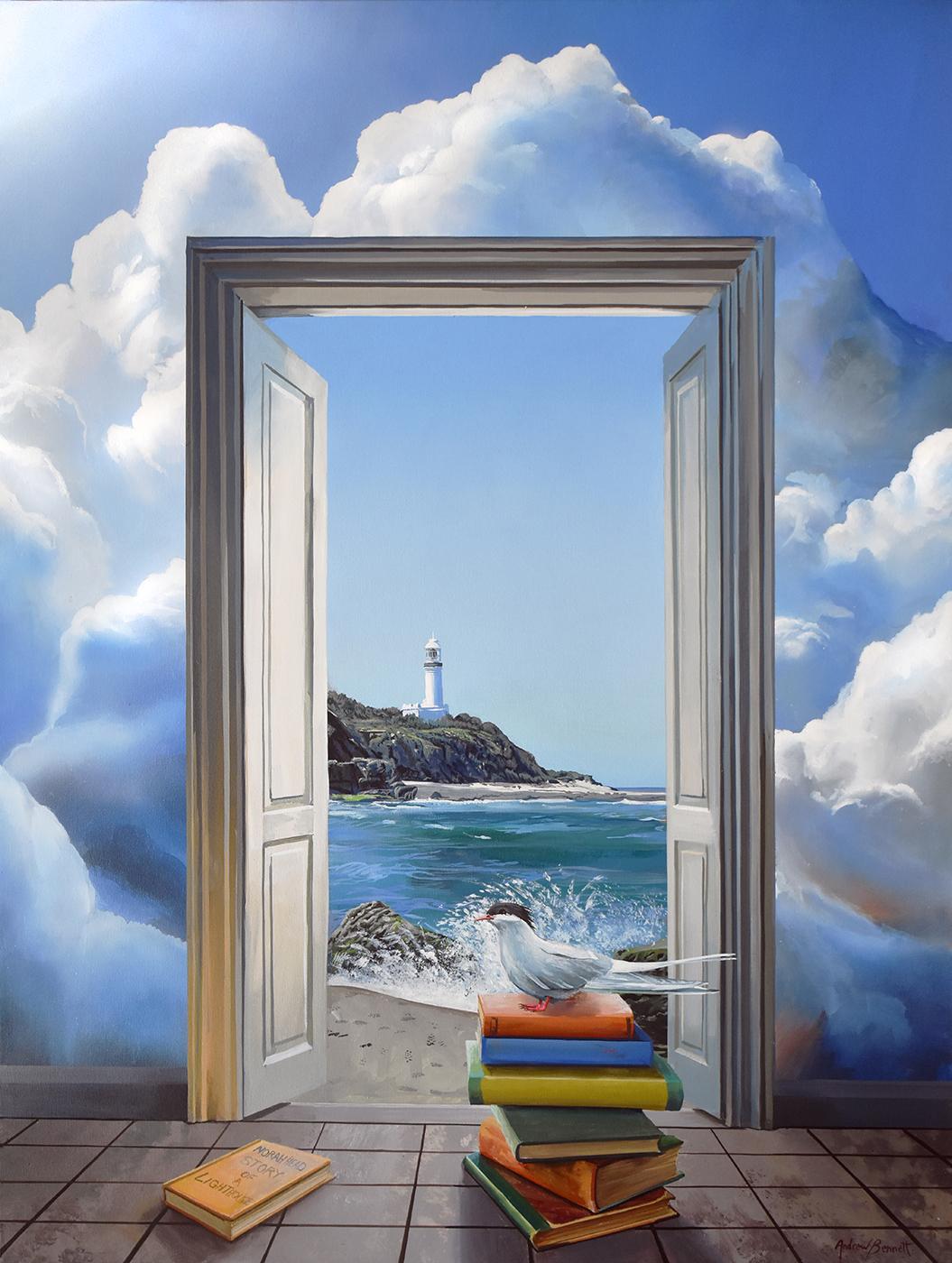Andrew Bennett Abstract Painting - Memory of a Day, The Lighthouse- original surrealist painting - contemporary art