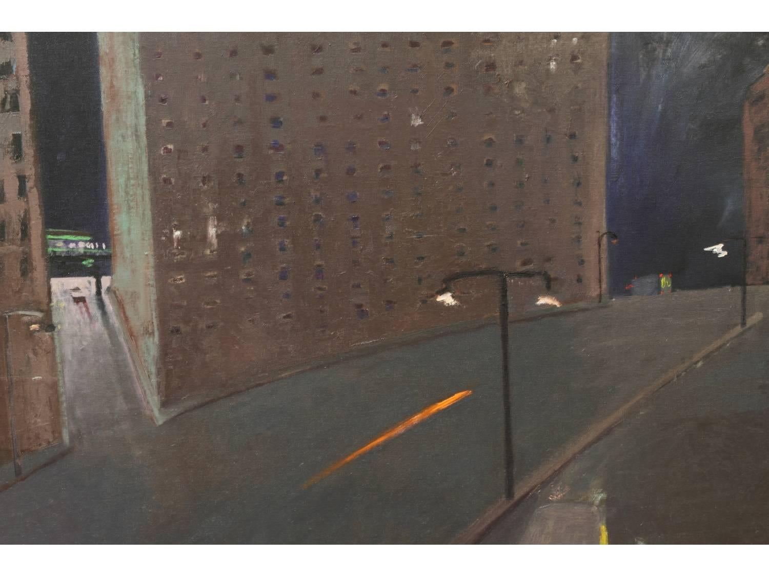 A large and powerful City Scape from Australia's Andrew Browne. A cityscape at night with high rises above streets illuminated with street lights and a streak of light, with a bus and a van outside a lit doorway. Signed A. Browne, '83 lower left.
