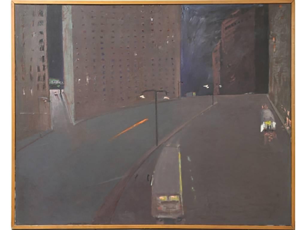 Andrew Browne, huile massive sur toile, paysage urbain de nuit en vente 1