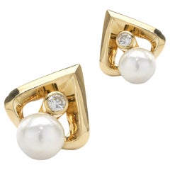Andrew Clunn 18 Karat Yellow Gold Bezel Set Diamond and Pearl Spade Earrings