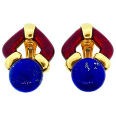 Andrew Clunn 18 Karat Yellow Gold Enamel and Lapis Door Knocker Earrings