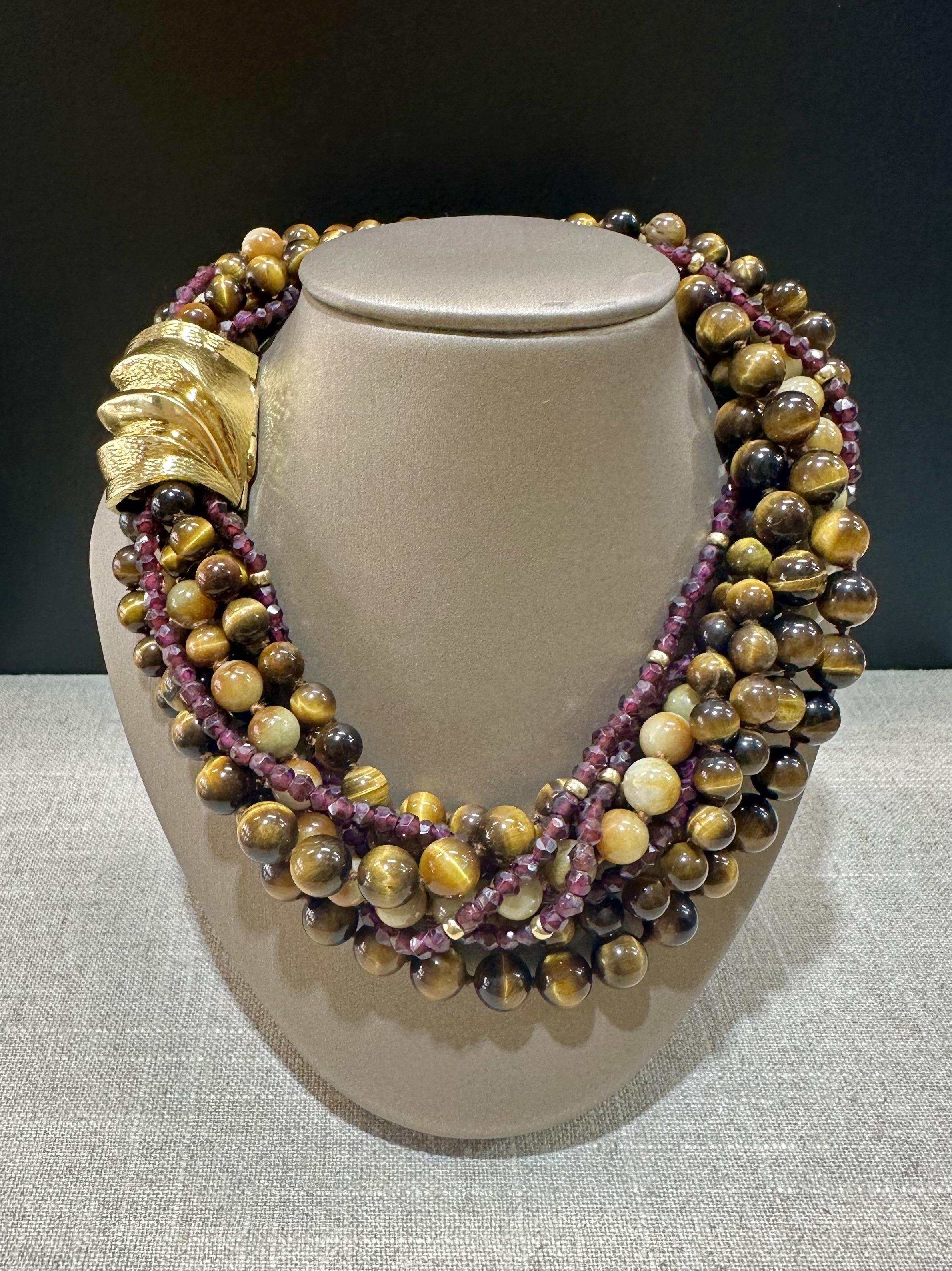 Andrew Clunn 18k Gold Clasp 3 Torsade Necklaces Pearl Tigers Eye Peridot Garnet