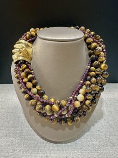 Andrew Clunn 18k Gold Clasp 3 Torsade Necklaces Pearl Tigers Eye Peridot Garnet