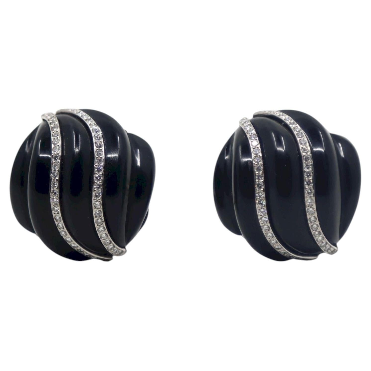 Andrew Clunn 18K White Gold & Platinum Diamonds Onyx Swirl Earrings For Sale