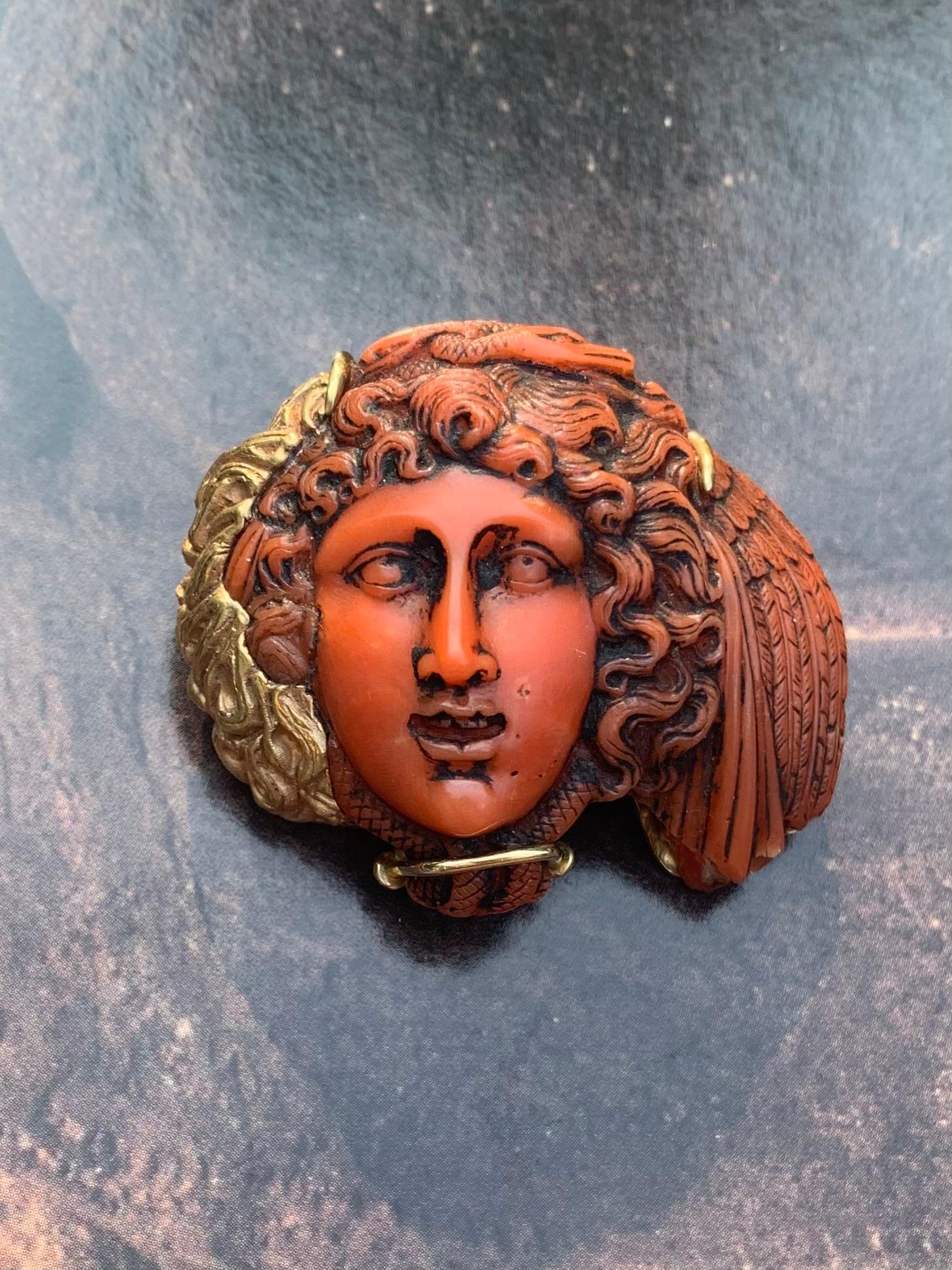 Andrew Clunn 18K Gelbgold geschnitzt rote Koralle Medusa Anhänger/Brosche im Angebot 8