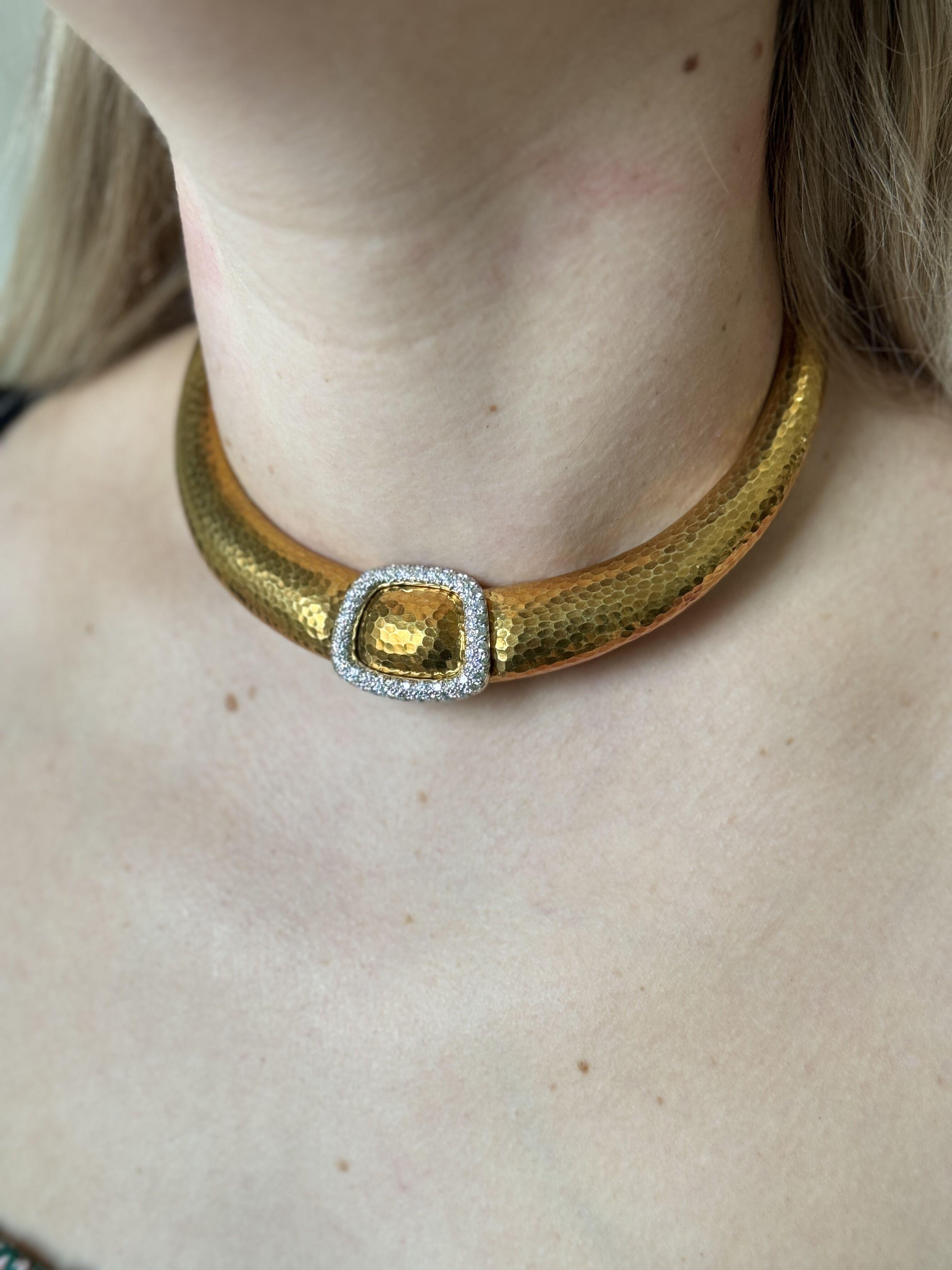 1970s vintage 18k hand hammered collar necklace by Andrew Clunn, featuring center diamond set buckle design - diamonds approx. 3.00ctw G/VS, in platinum. The necklace will fit an average 13-14