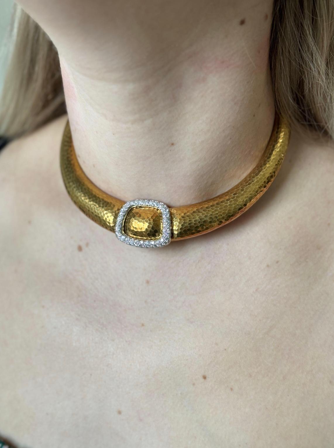 Andrew Clunn 1970s Diamond Hammered Gold Platinum Buckle Collar Necklace.

Details:
18k gold and platinum, about 3.0 carats of diamonds, total weight 116.5 grams.

In excellent condition
