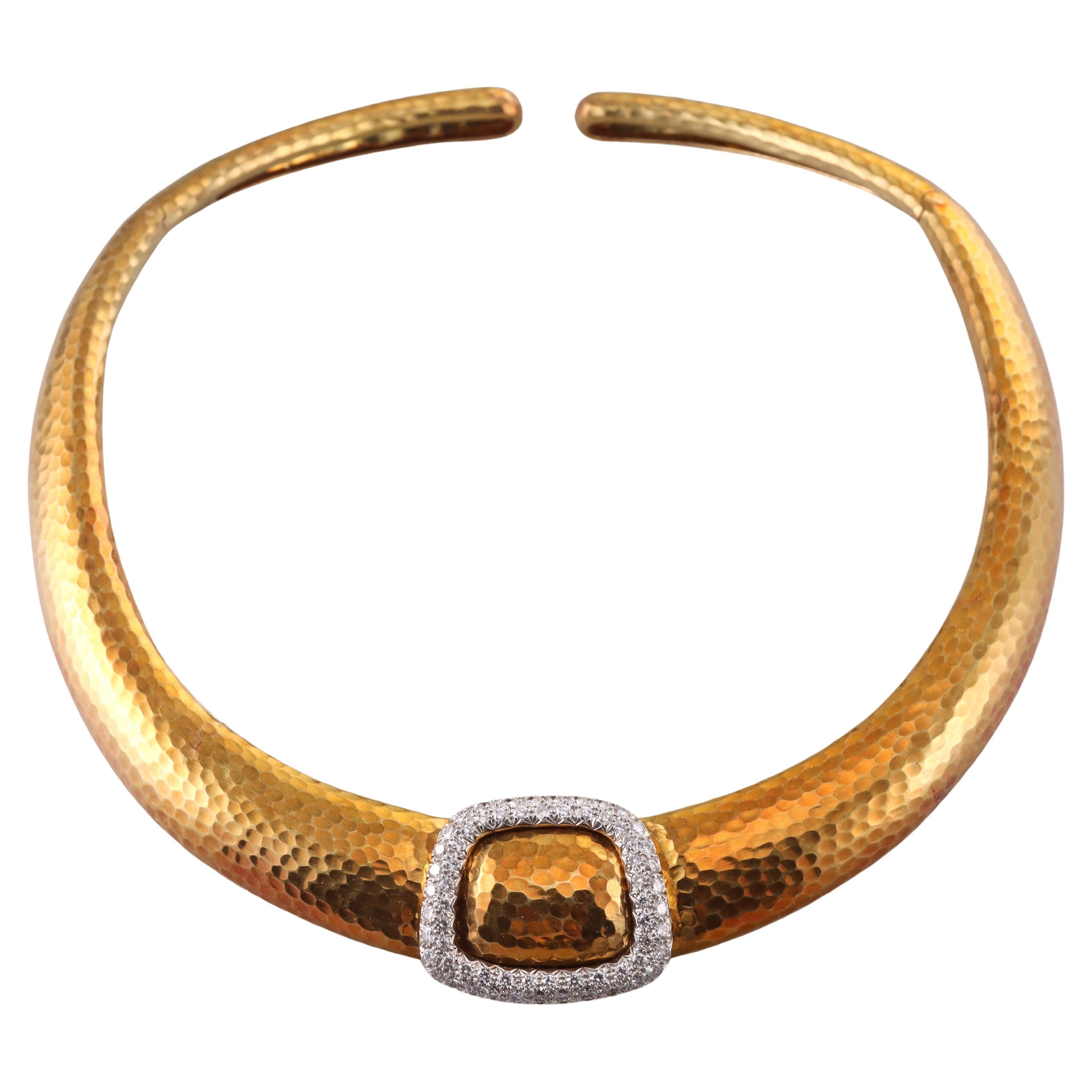 Andrew Clunn 1970s Diamond Hammered Gold Platinum Buckle Collar Necklace For Sale