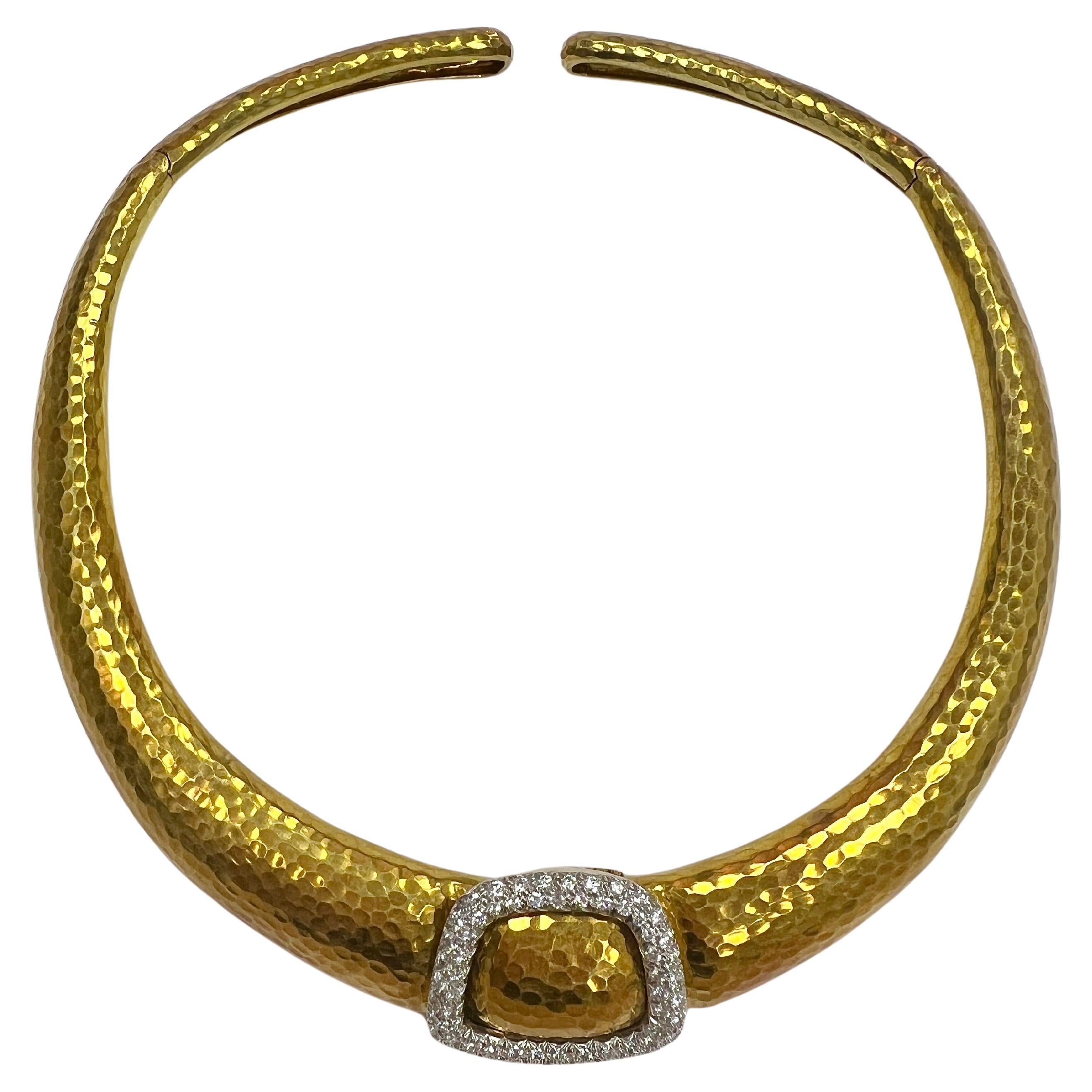 Andrew Clunn 1970s Diamond Hammered Gold Platinum Buckle Collar Necklace