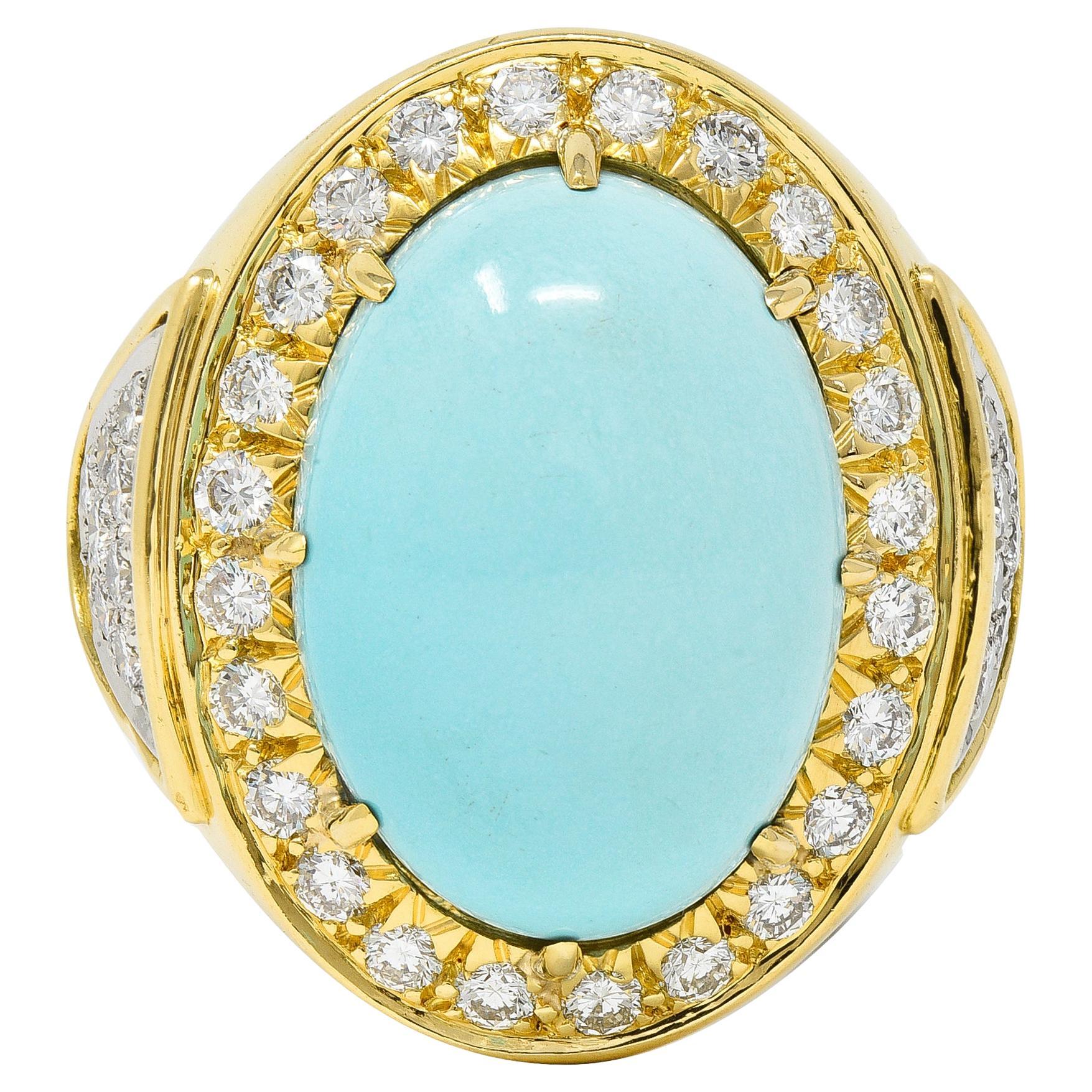 Andrew Clunn 1980's 2.34 CTW Diamond Turquoise Cabochon Platinum 18K Signet Ring