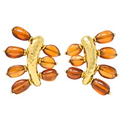 Andrew Clunn 1980's Citrine Bead 18 Karat Yellow Gold Hammered Vintage Earrings