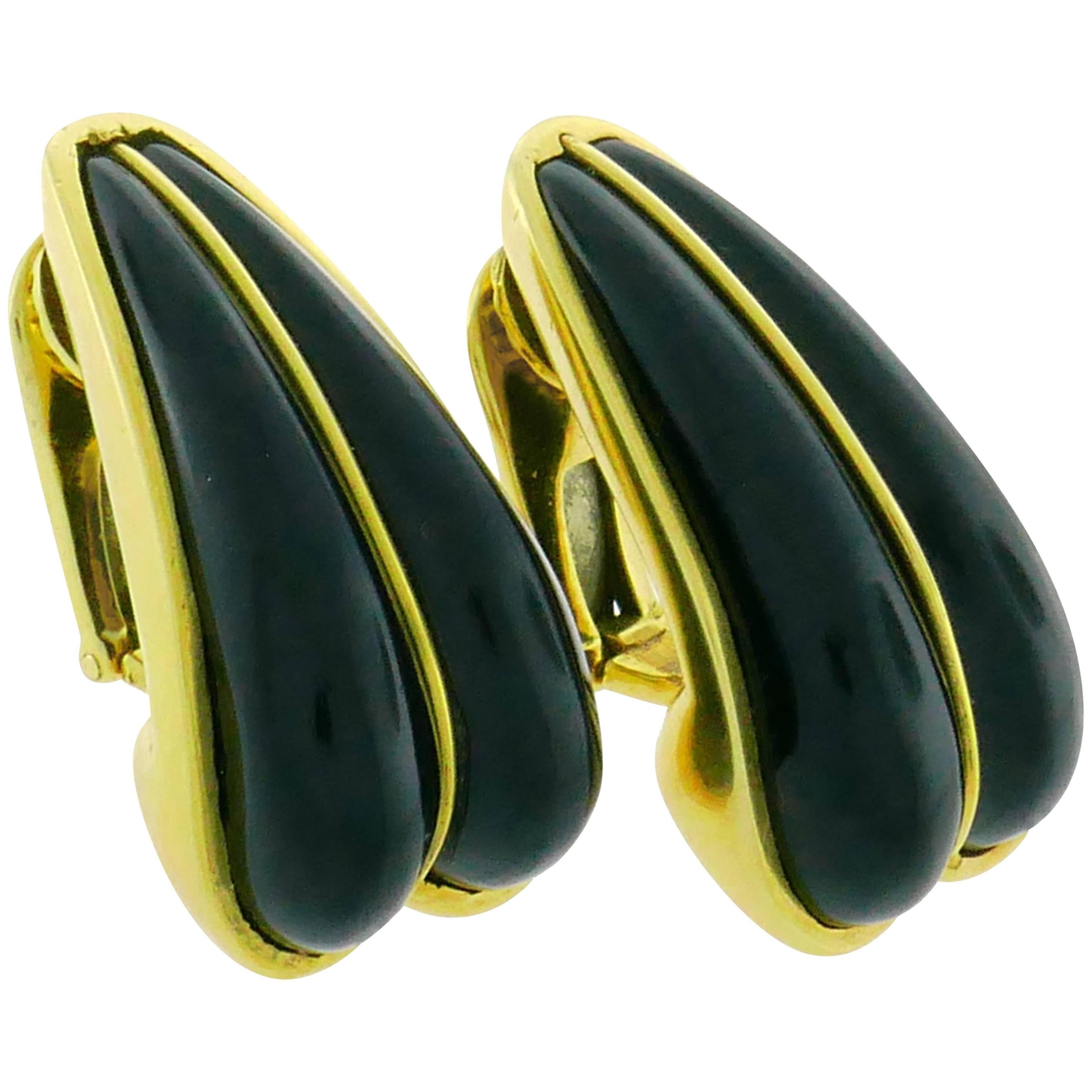 Andrew Clunn Black Onyx 18 Karat Yellow Gold Earrings, 1970s