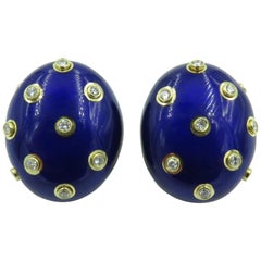 Andrew Clunn Blue Enamel and Diamond Earrings
