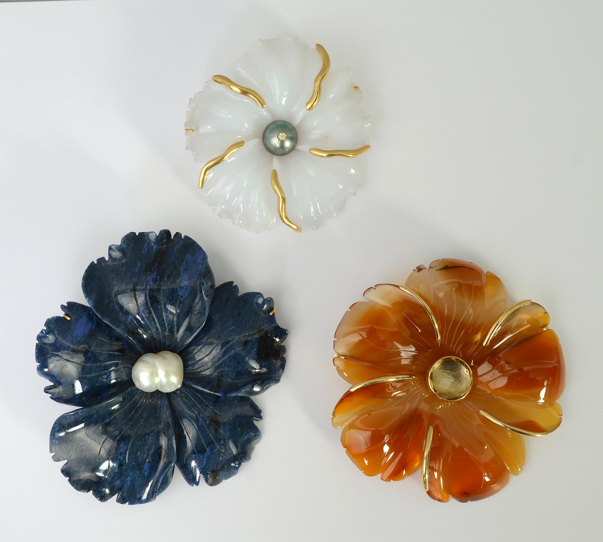 Modern Andrew Clunn Carved Lapis Lazuli Flower Brooch For Sale