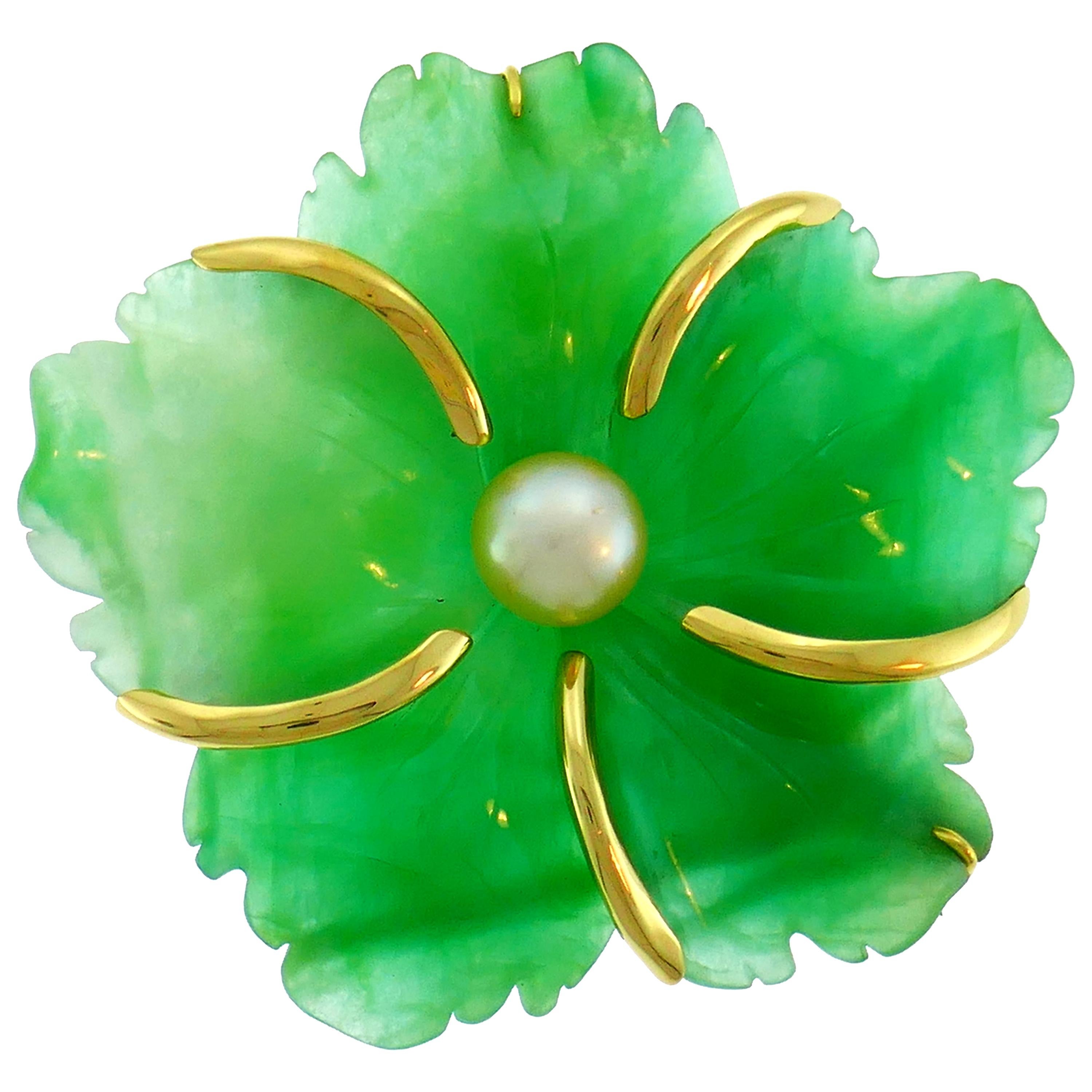 Andrew Clunn Chrysoprase Yellow Gold Pin Brooch Clip with Pearl Accent For Sale