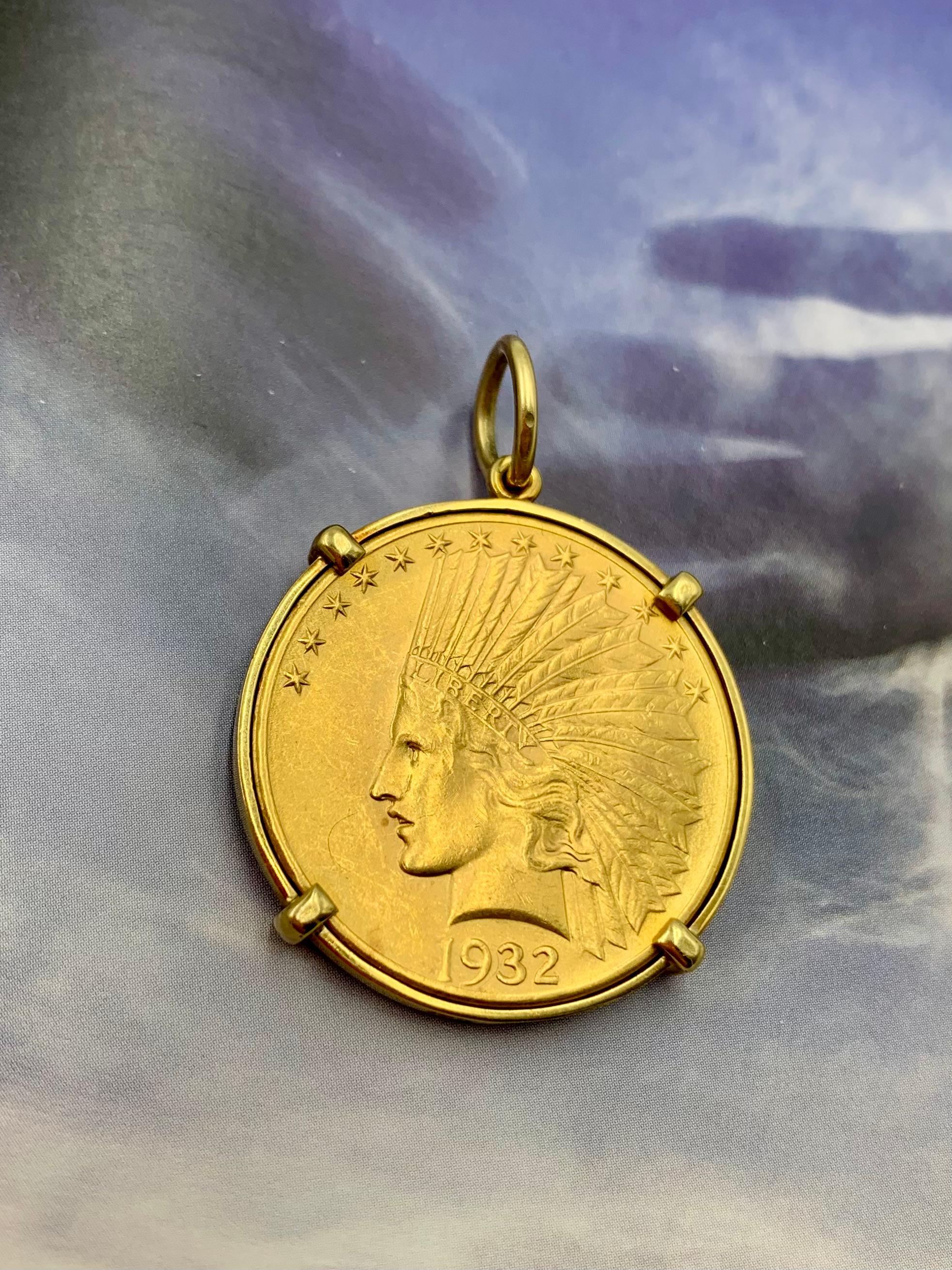 Andrew Clunn Classic Indian Eagle Ten Dollar 22K Gold Coin 18K Gold Pendant 9