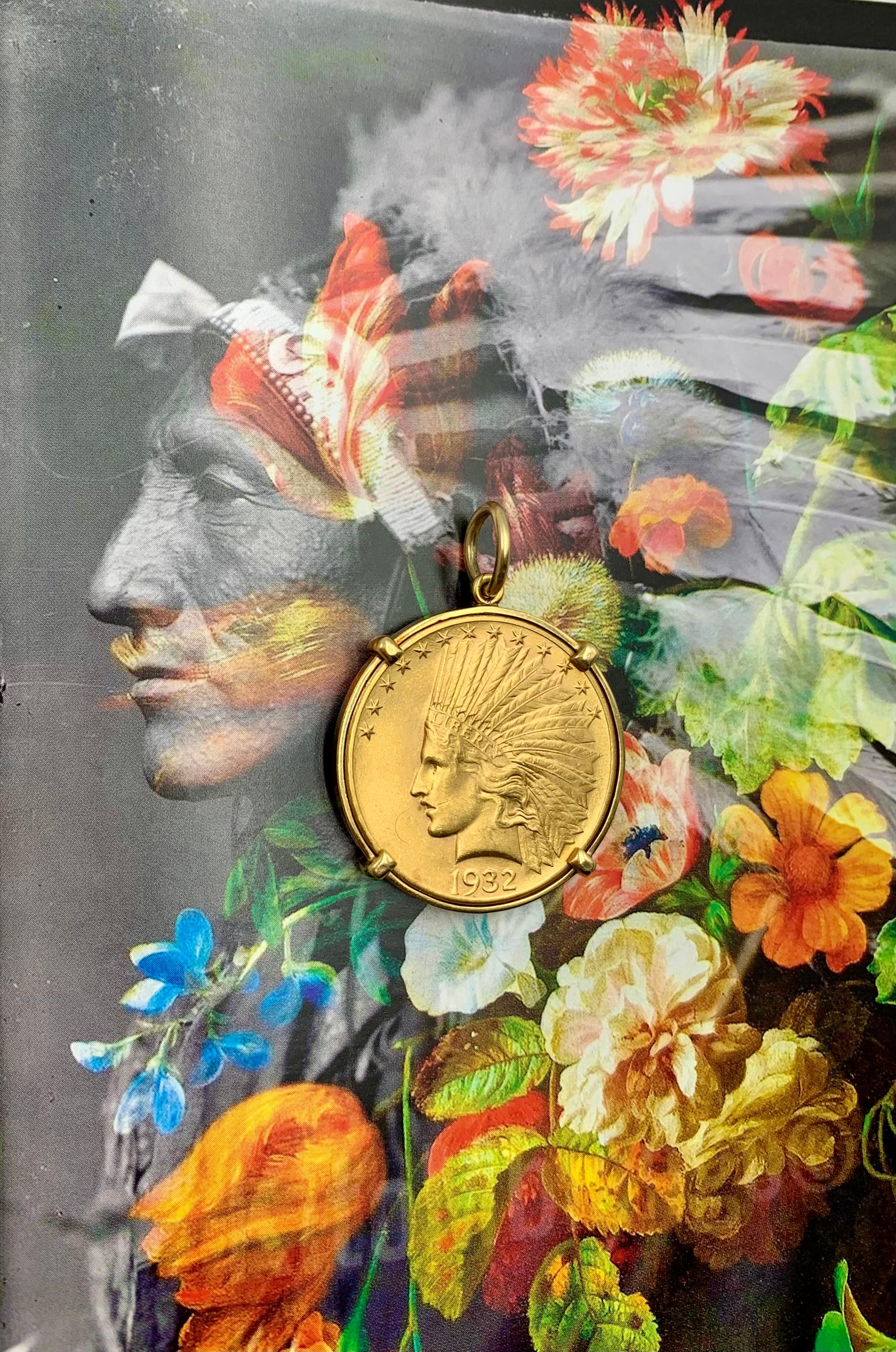 Andrew Clunn Classic Indian Eagle Ten Dollar 22K Gold Coin 18K Gold Pendant In Good Condition In New York, NY