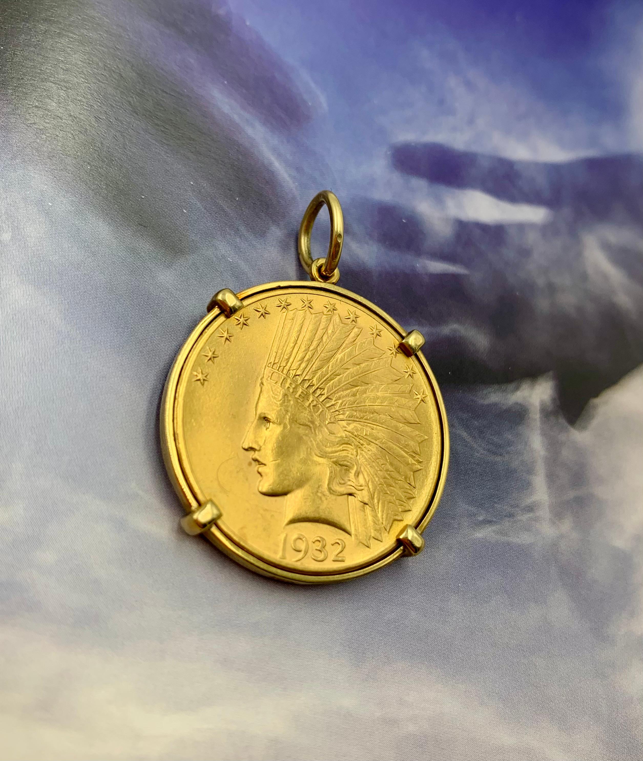 Women's or Men's Andrew Clunn Classic Indian Eagle Ten Dollar 22K Gold Coin 18K Gold Pendant
