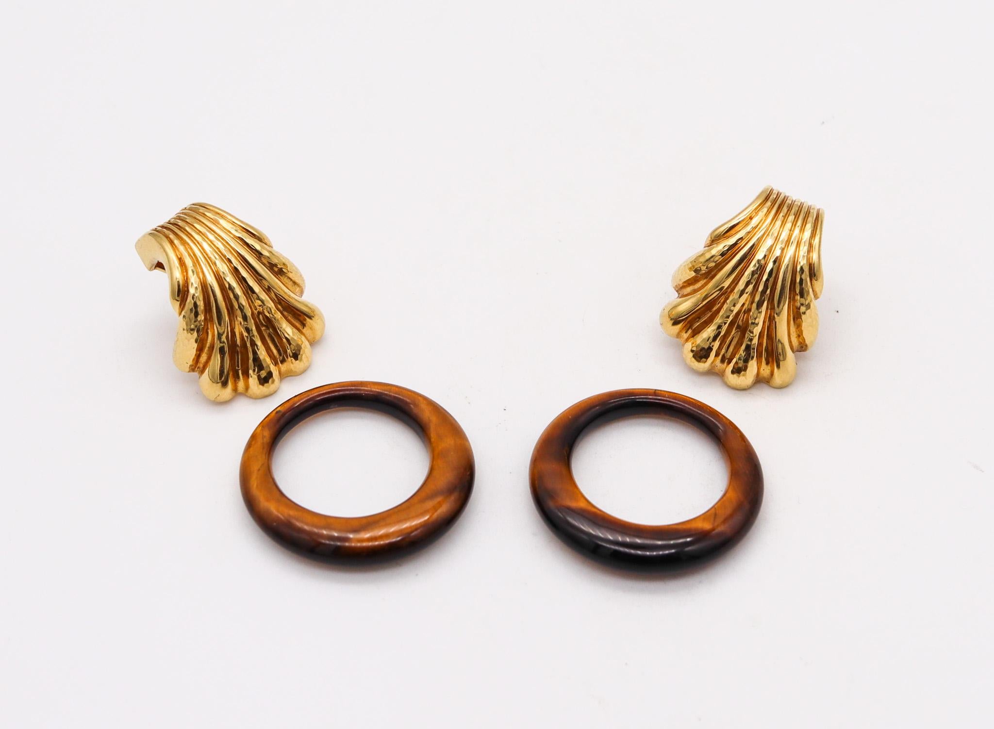 Modernist Andrew Clunn Convertible Doorknockers Earrings In 18Kt Gold With Tiger Eye For Sale