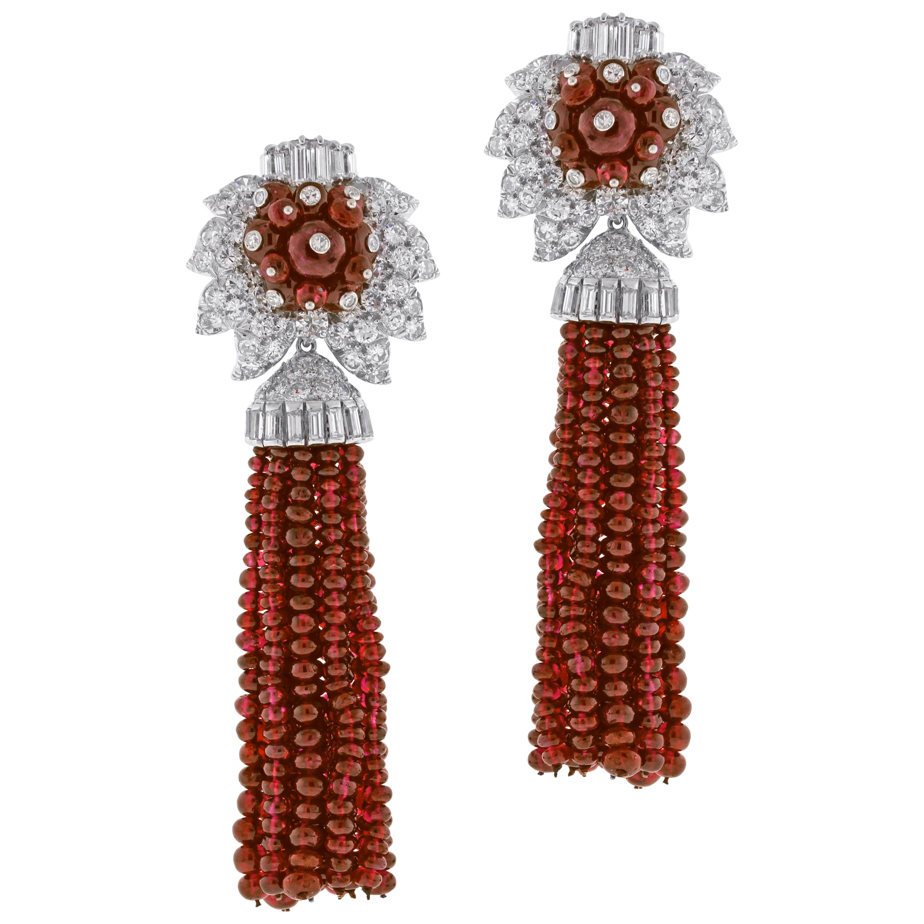 Andrew Clunn Ruby and Diamond Tassel  Drop Earrings For Sale