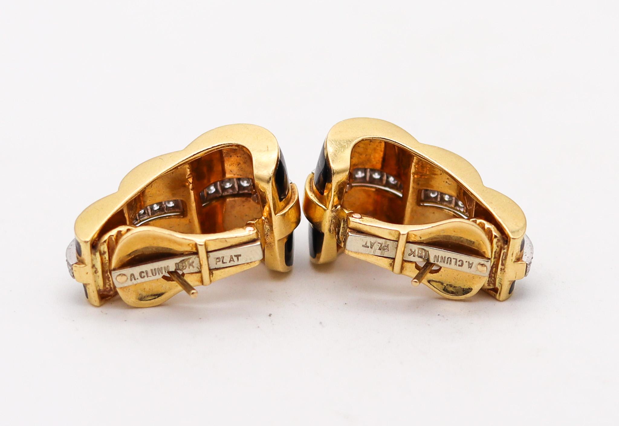 Modernist Andrew Clunn Enameled Earrings In 18Kt Gold And Platinum With 1.28 Ctw Diamonds For Sale