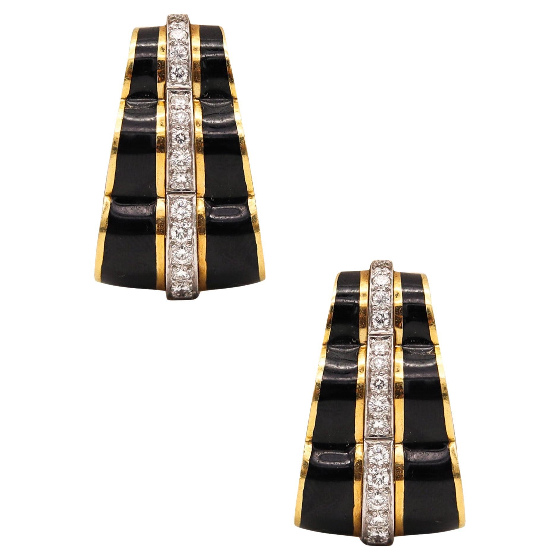 Andrew Clunn Enameled Earrings In 18Kt Gold And Platinum With 1.28 Ctw Diamonds