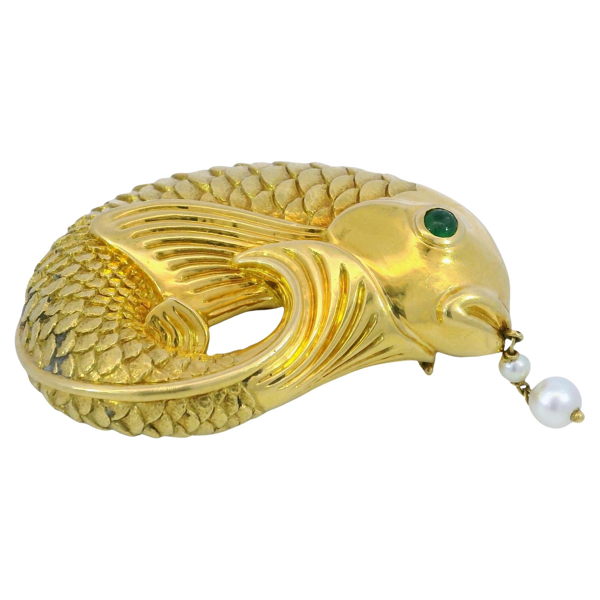 Andrew Clunn Broche poisson or jaune 18K Emeraude Cabochon Yeux