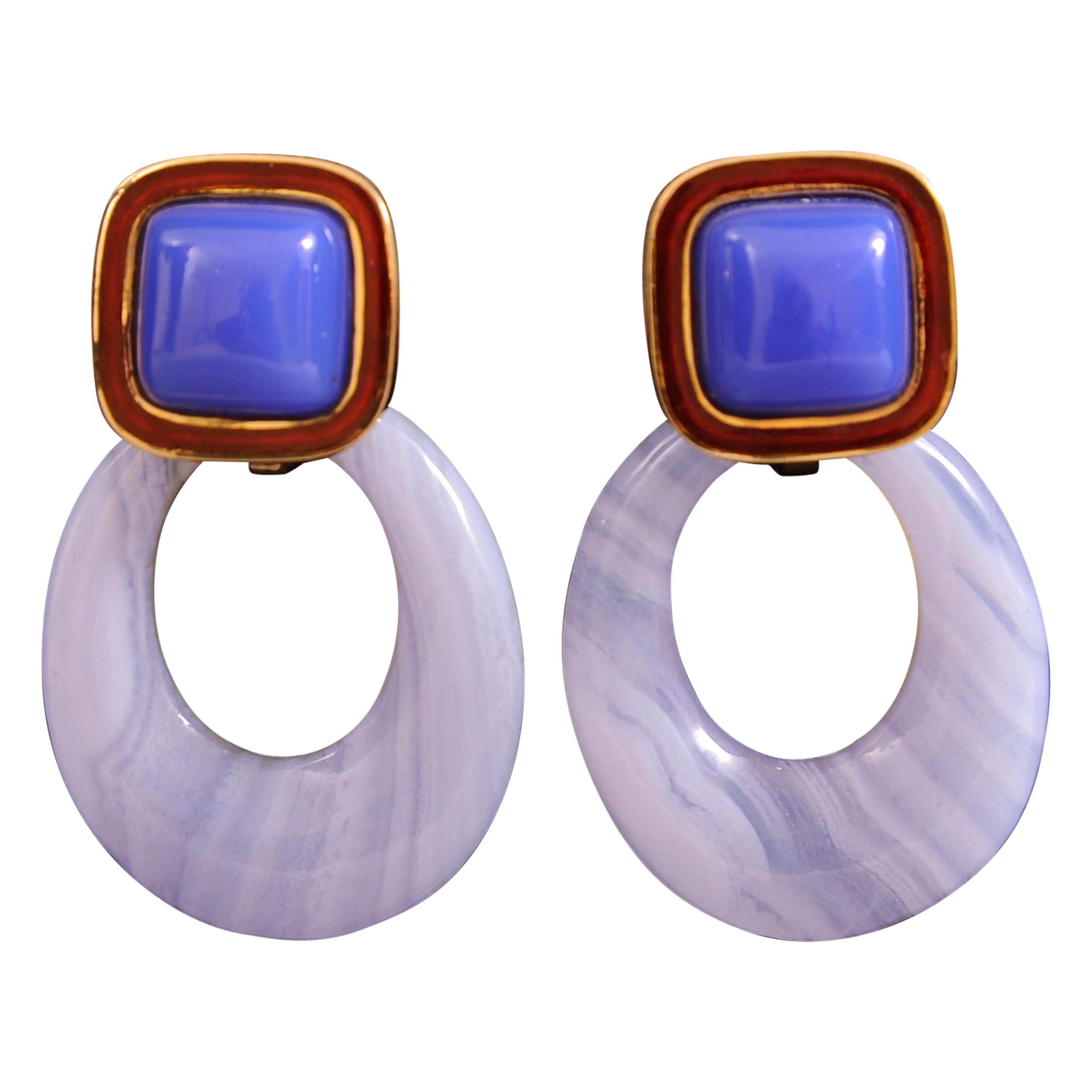 Andrew Clunn Gold Earrings Enamel, Chalcedony, Removable Blue Lace Agate Drops