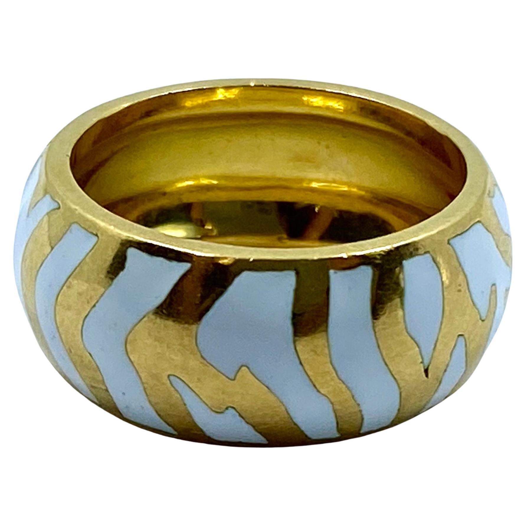 Women's Andrew Clunn Gold Ring White Enamel Zebra Pattern For Sale
