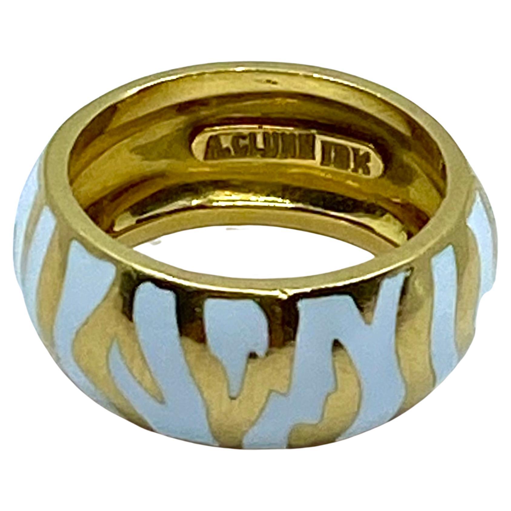 Andrew Clunn Gold Ring White Enamel Zebra Pattern For Sale 1