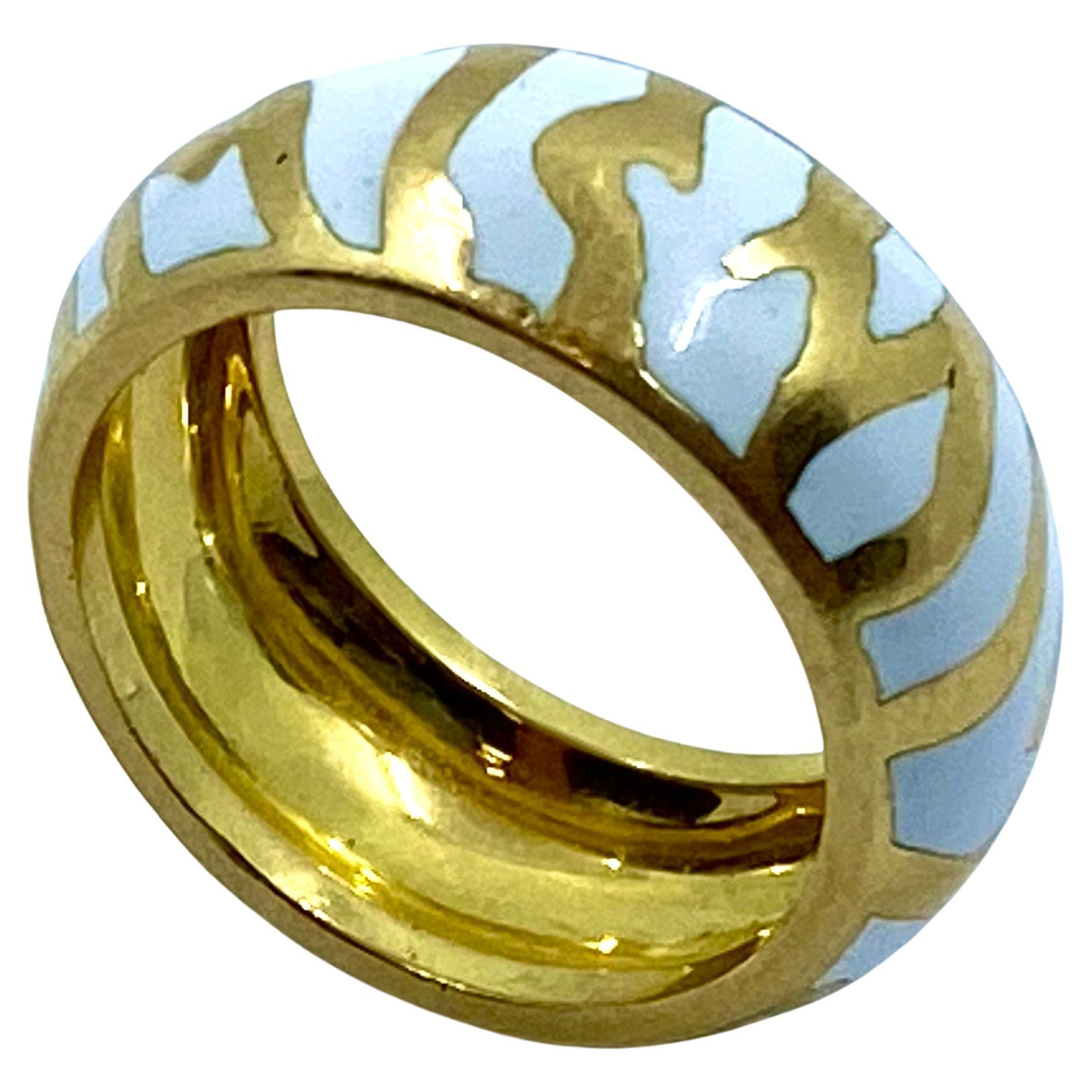 Andrew Clunn Gold Ring White Enamel Zebra Pattern